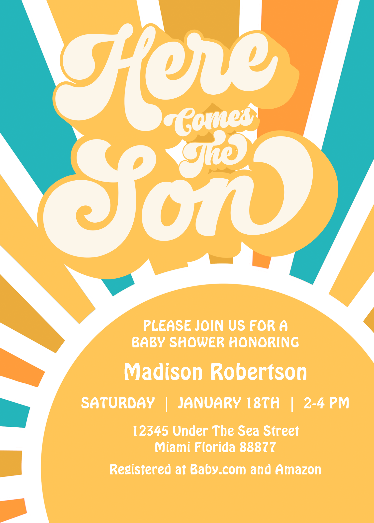 Here Come The Son Retro Sunshine Baby Shower Invitation