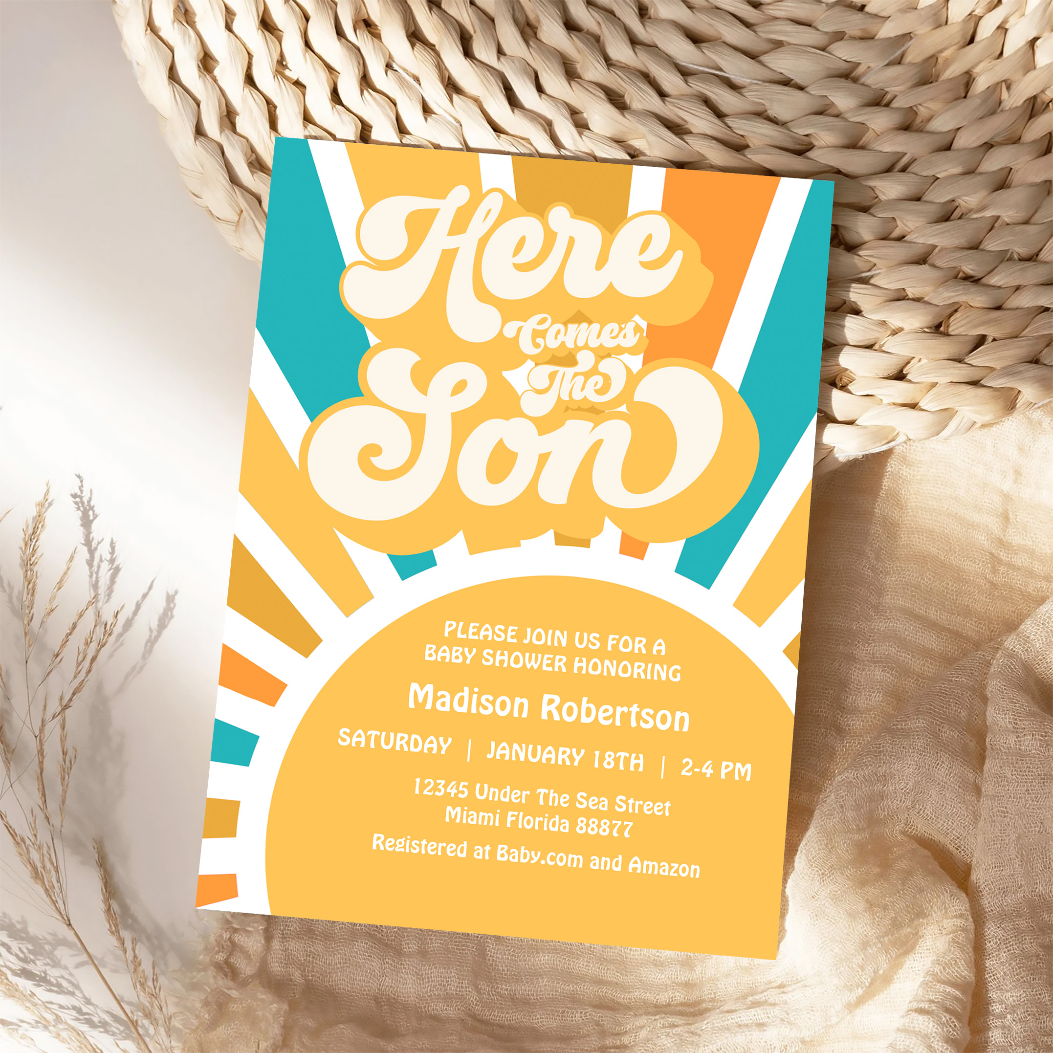Here Come The Son Retro Sunshine Baby Shower Invitation - Image 4