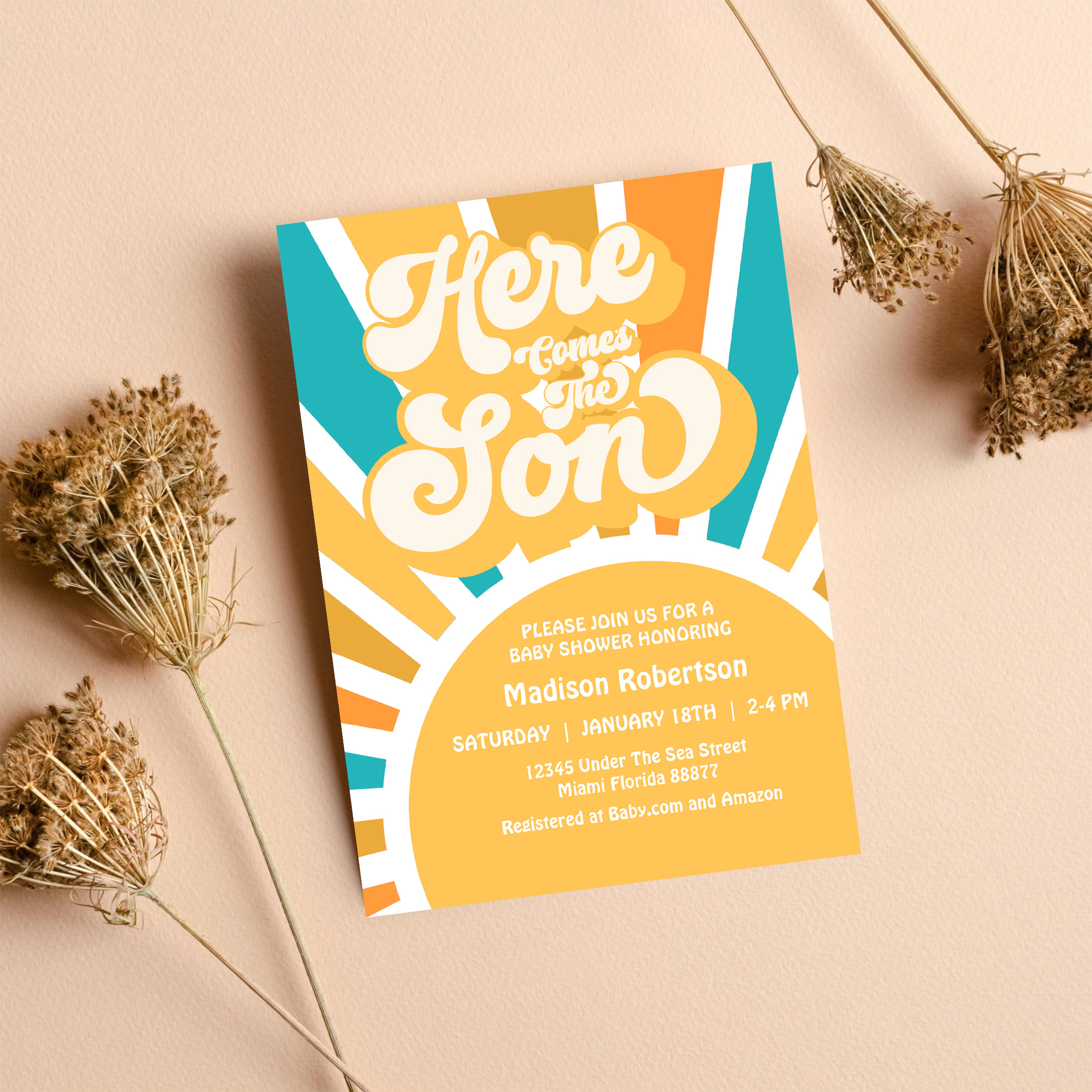 Here Come The Son Retro Sunshine Baby Shower Invitation - Image 8