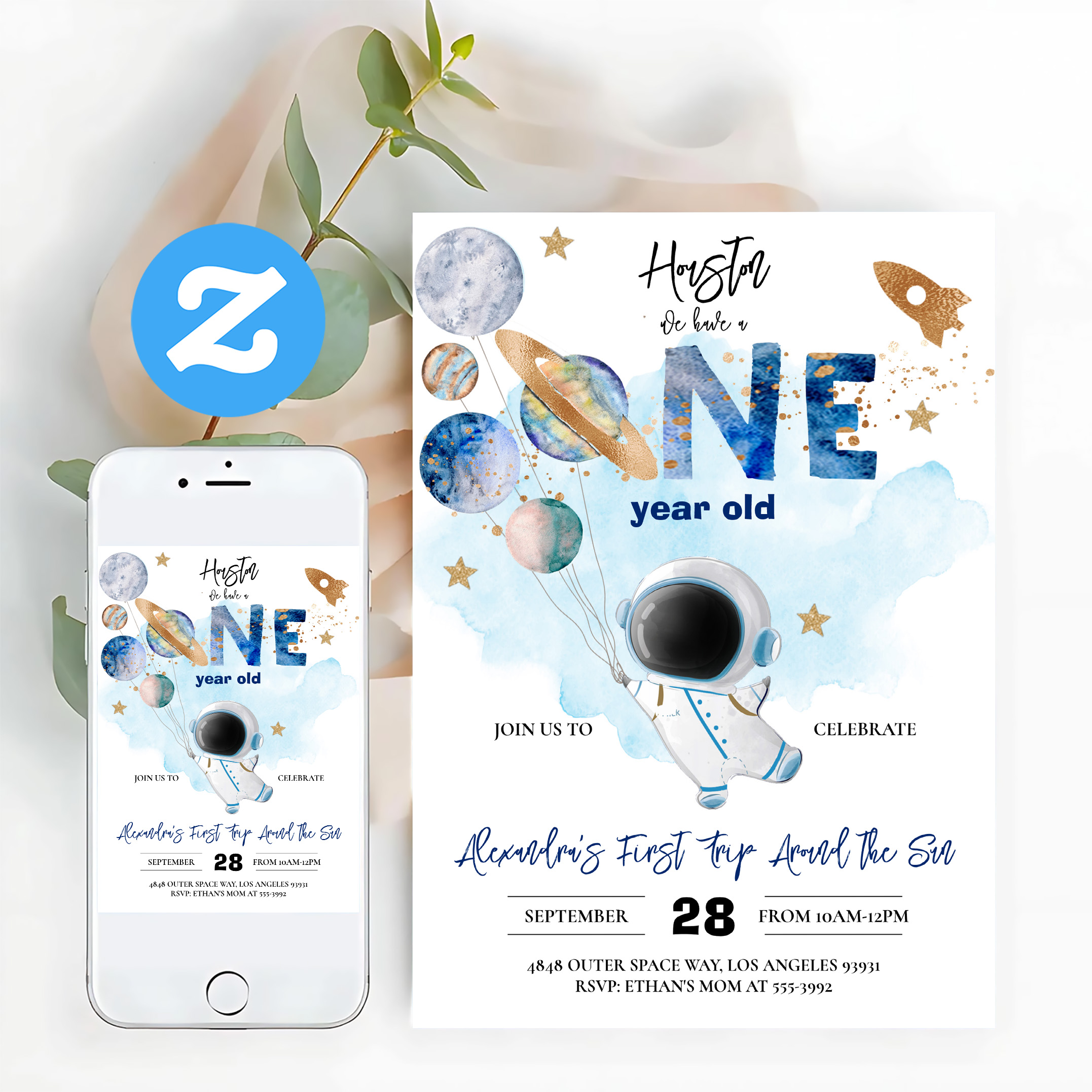 Houston We Have A One Year Old Blue Birthday Invitation - Image 12