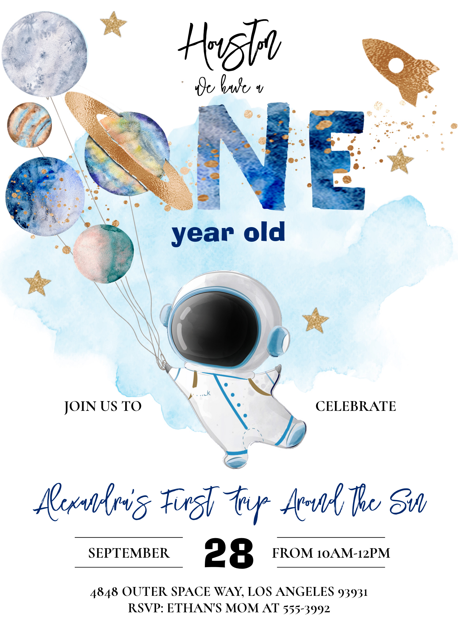 Houston We Have A One Year Old Blue Birthday Invitation
