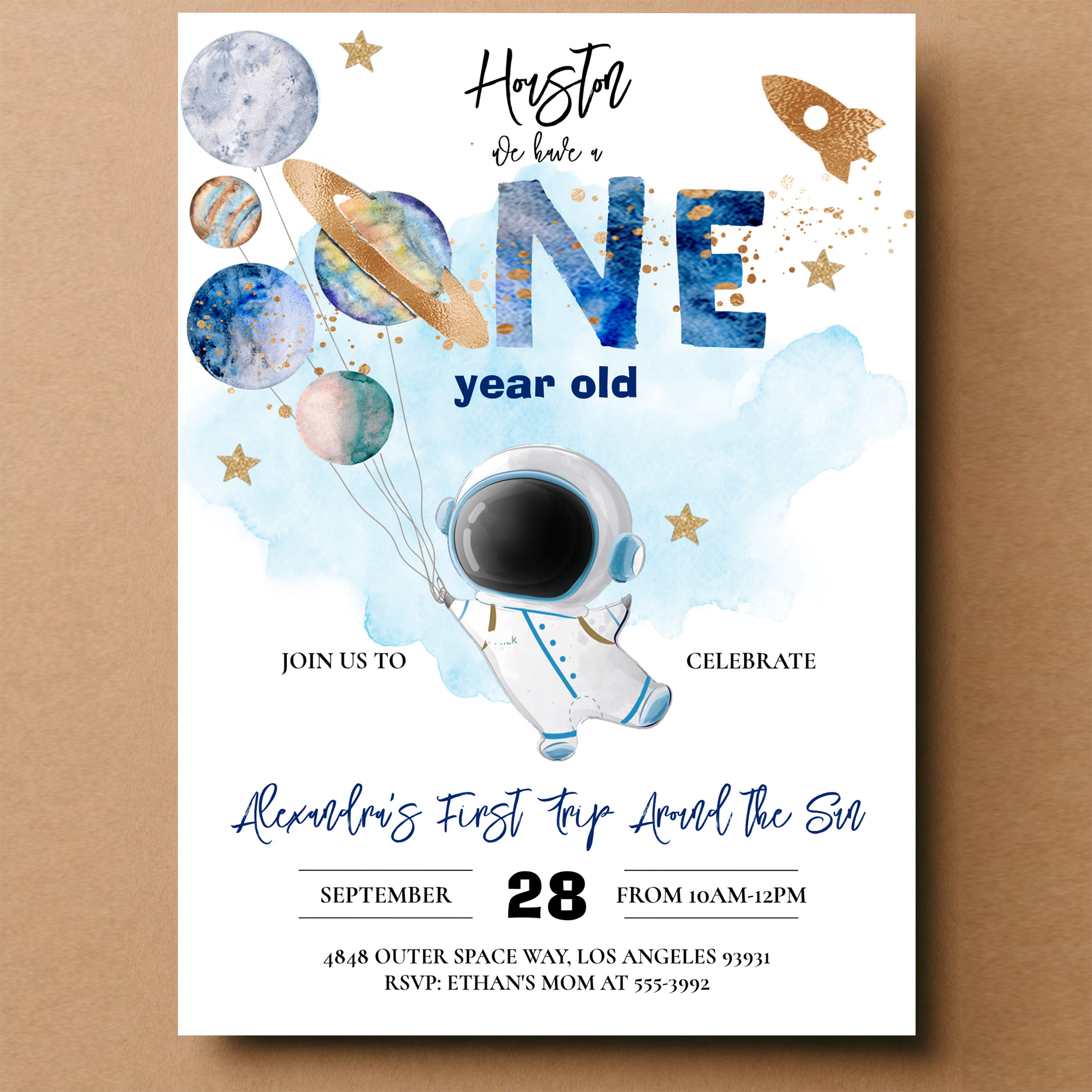 Houston We Have A One Year Old Blue Birthday Invitation - Image 14