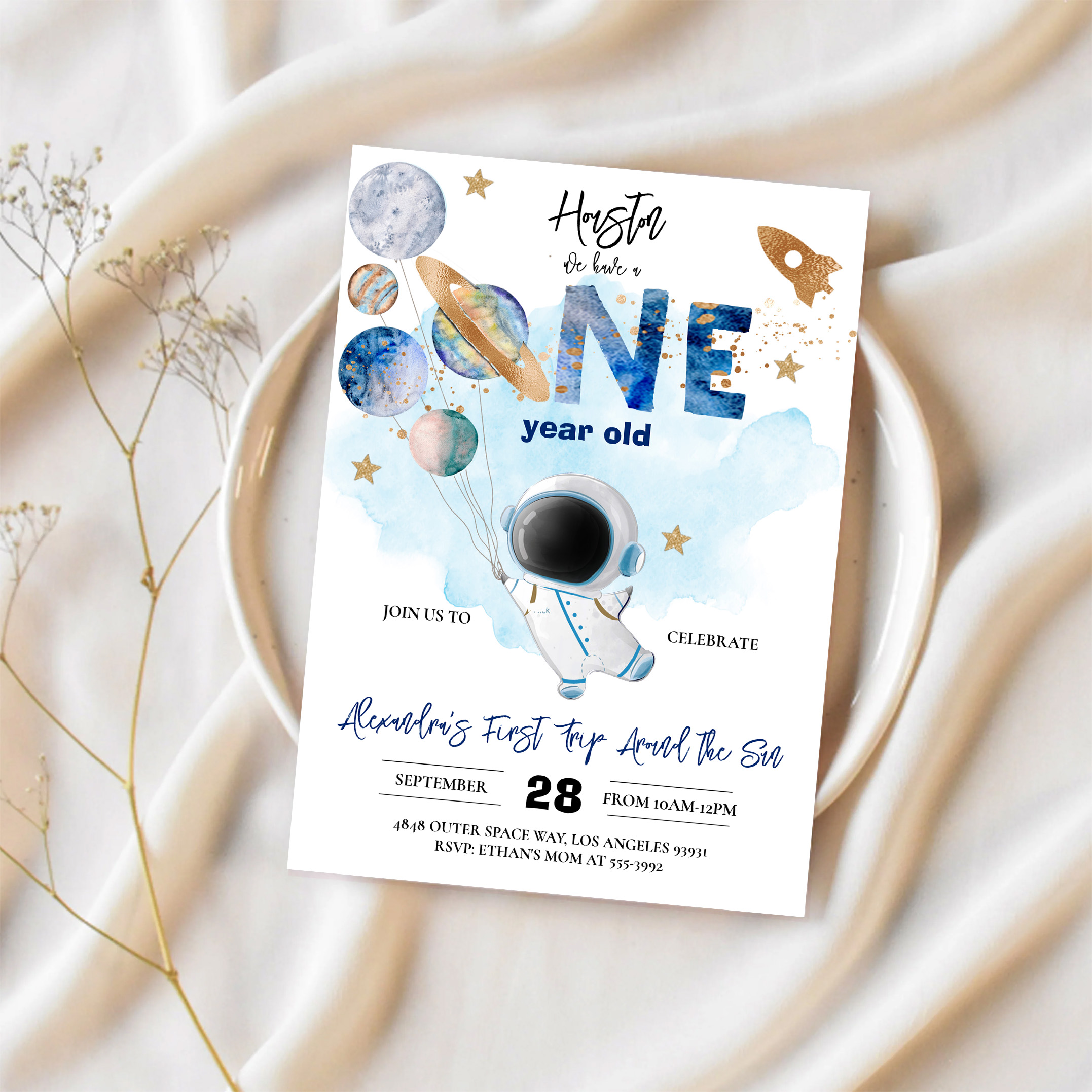 Houston We Have A One Year Old Blue Birthday Invitation - Image 2