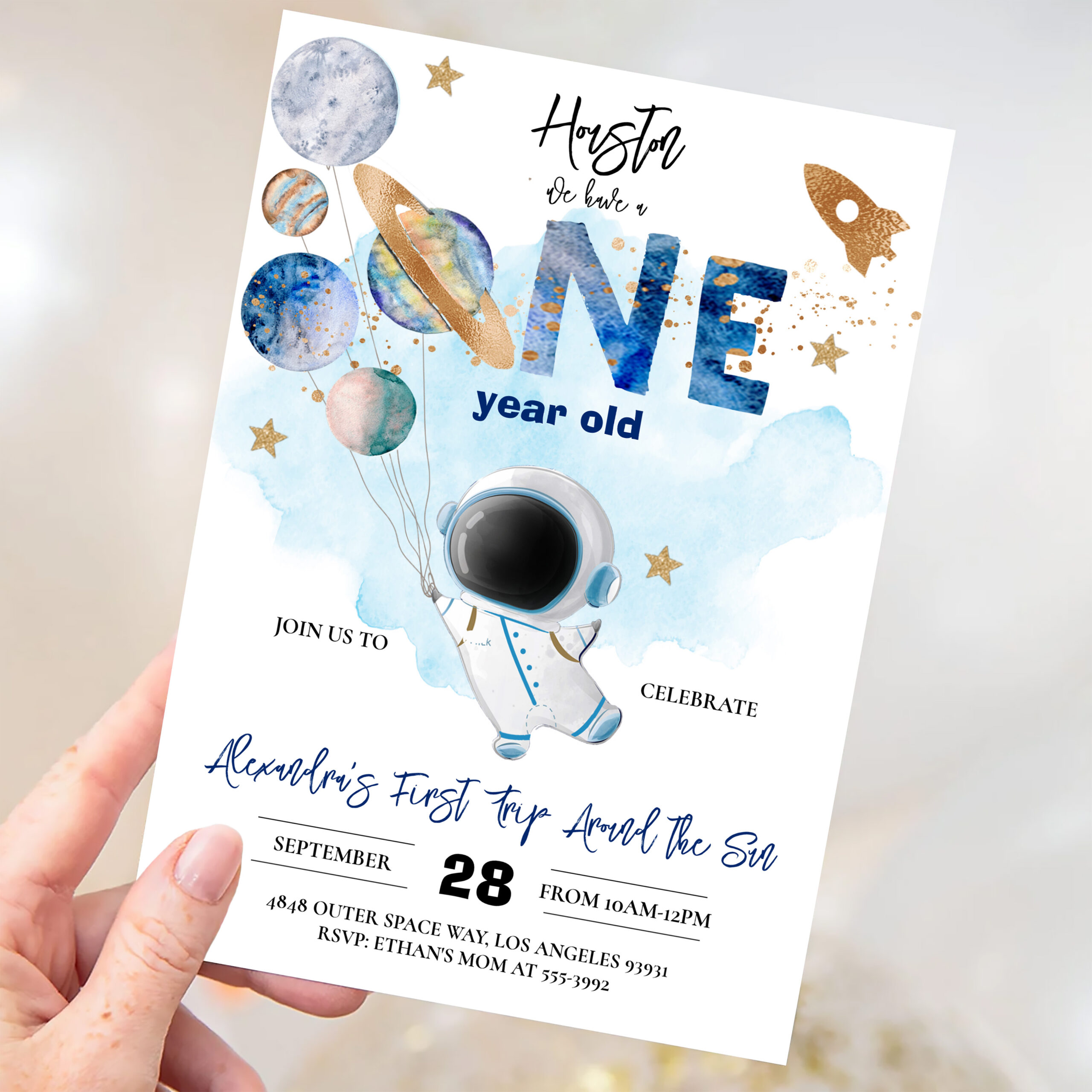 Houston We Have A One Year Old Blue Birthday Invitation - Image 3
