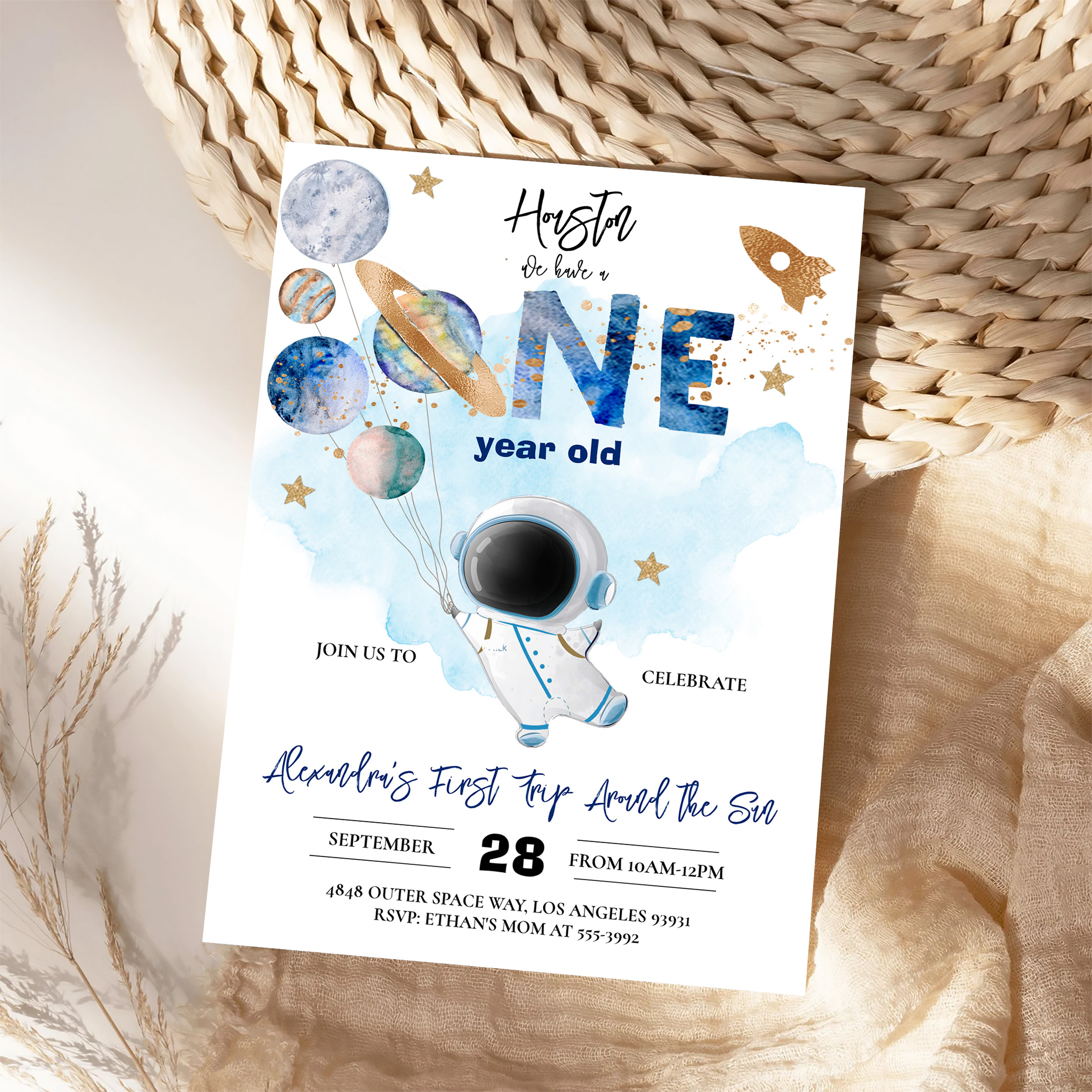 Houston We Have A One Year Old Blue Birthday Invitation - Image 4