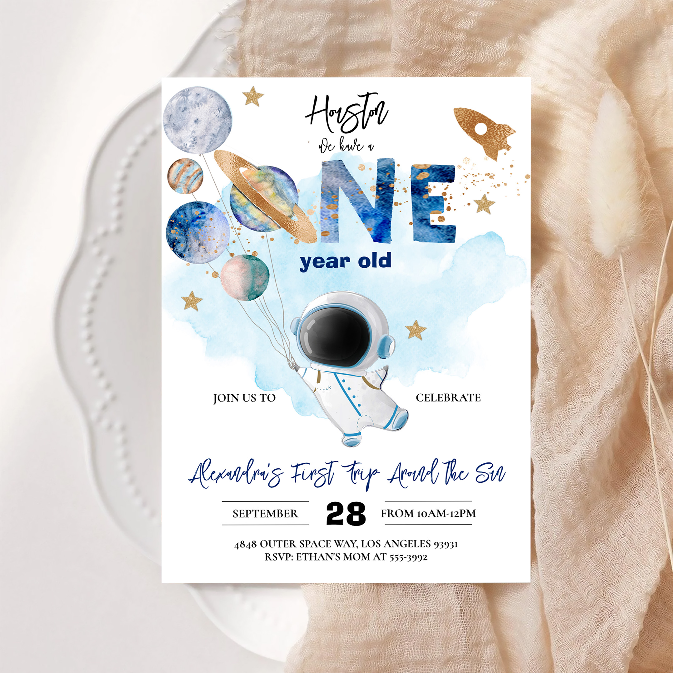 Houston We Have A One Year Old Blue Birthday Invitation - Image 6