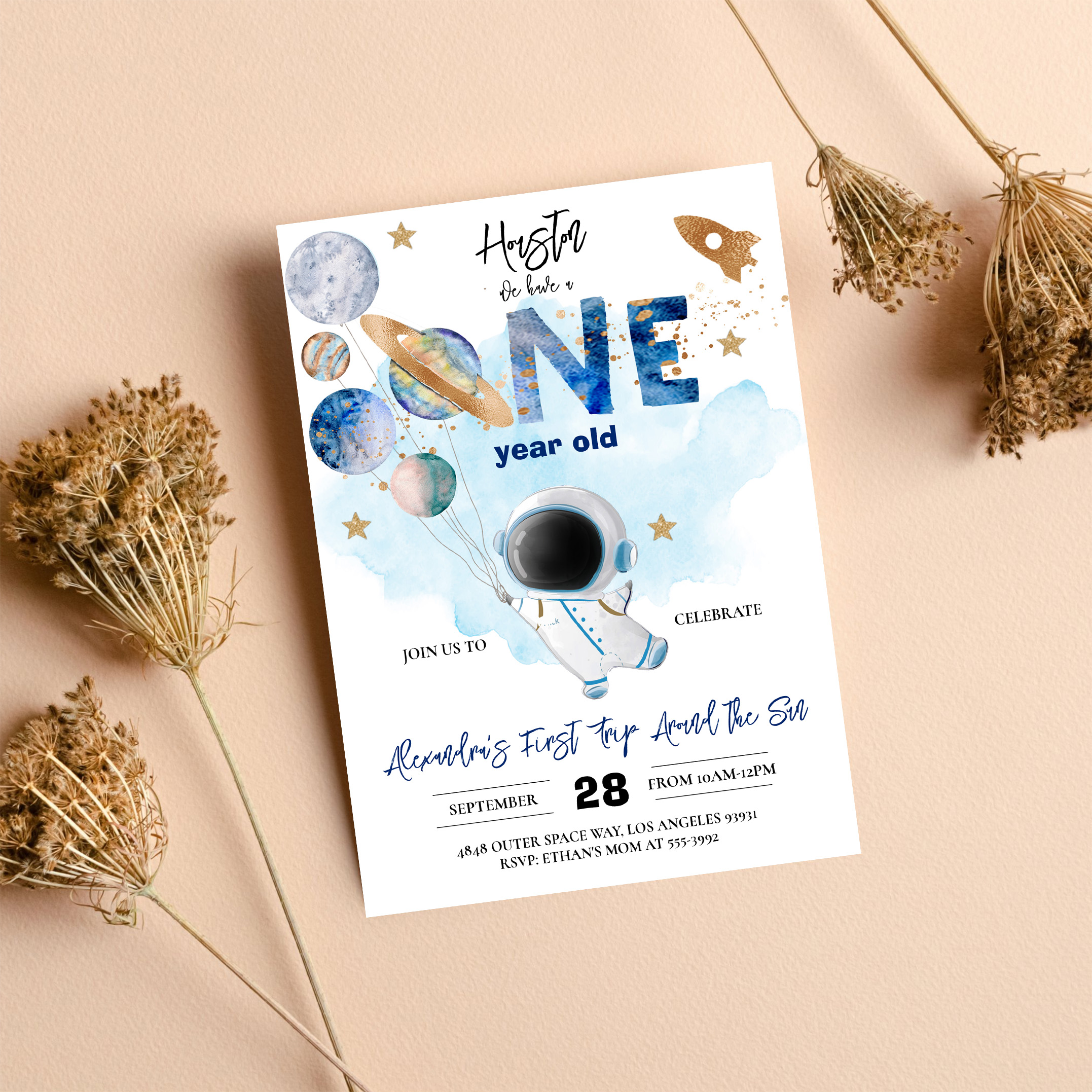 Houston We Have A One Year Old Blue Birthday Invitation - Image 8