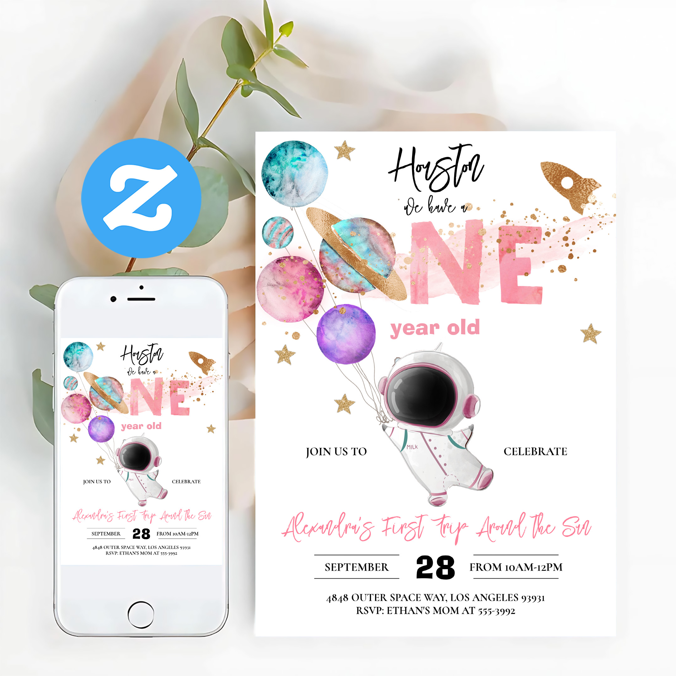 Houston We Have A One Year Old Pink Birthday Invitation - Image 12