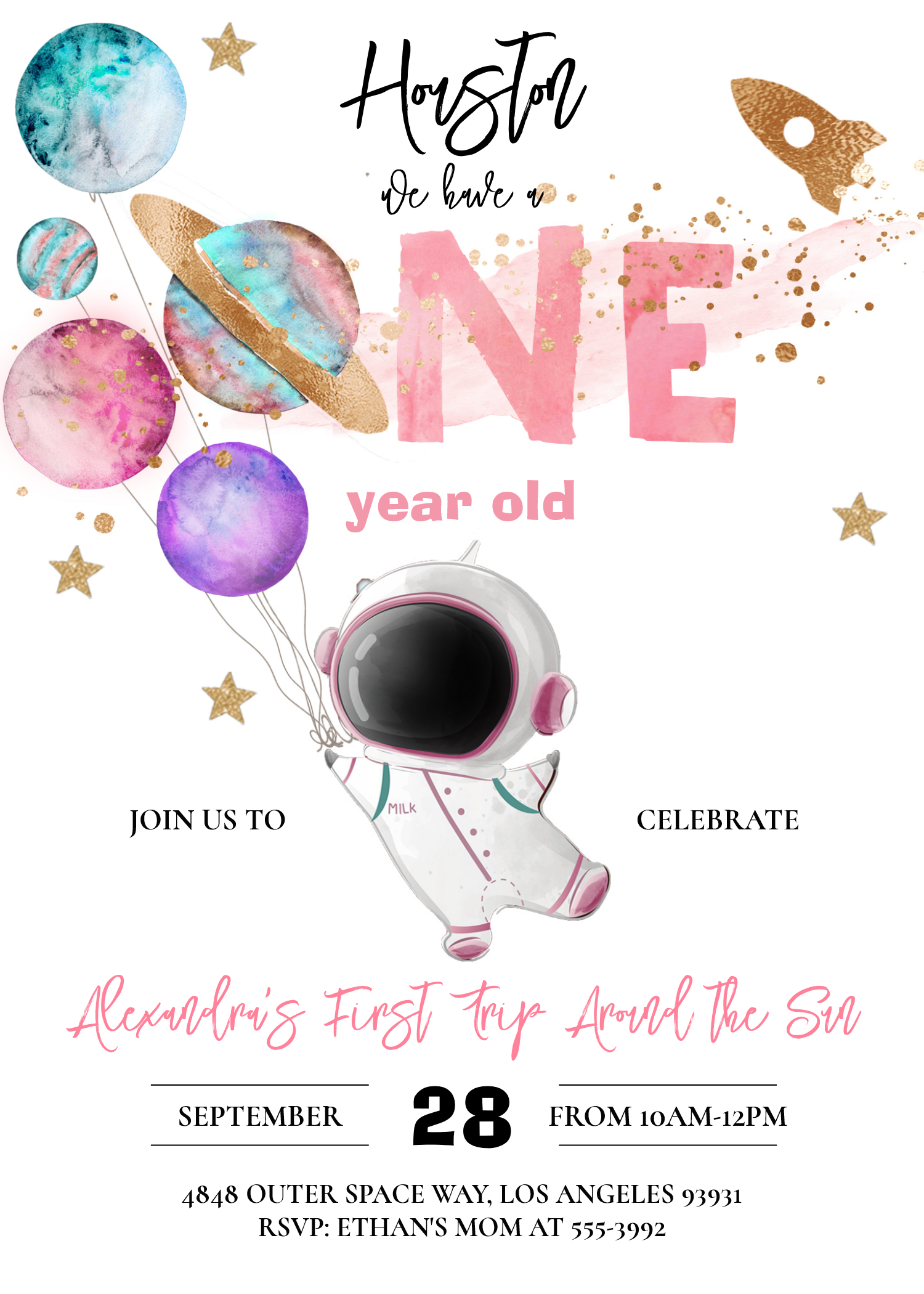 Houston We Have A One Year Old Pink Birthday Invitation