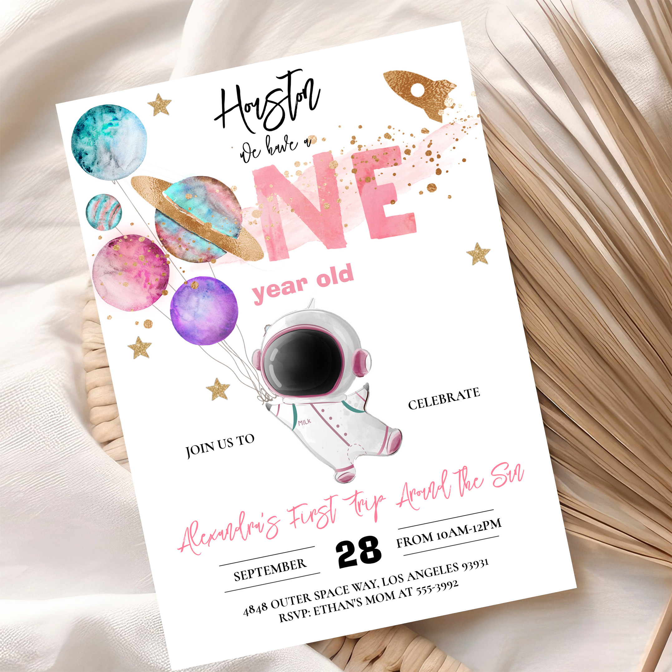 Houston We Have A One Year Old Pink Birthday Invitation - Image 10