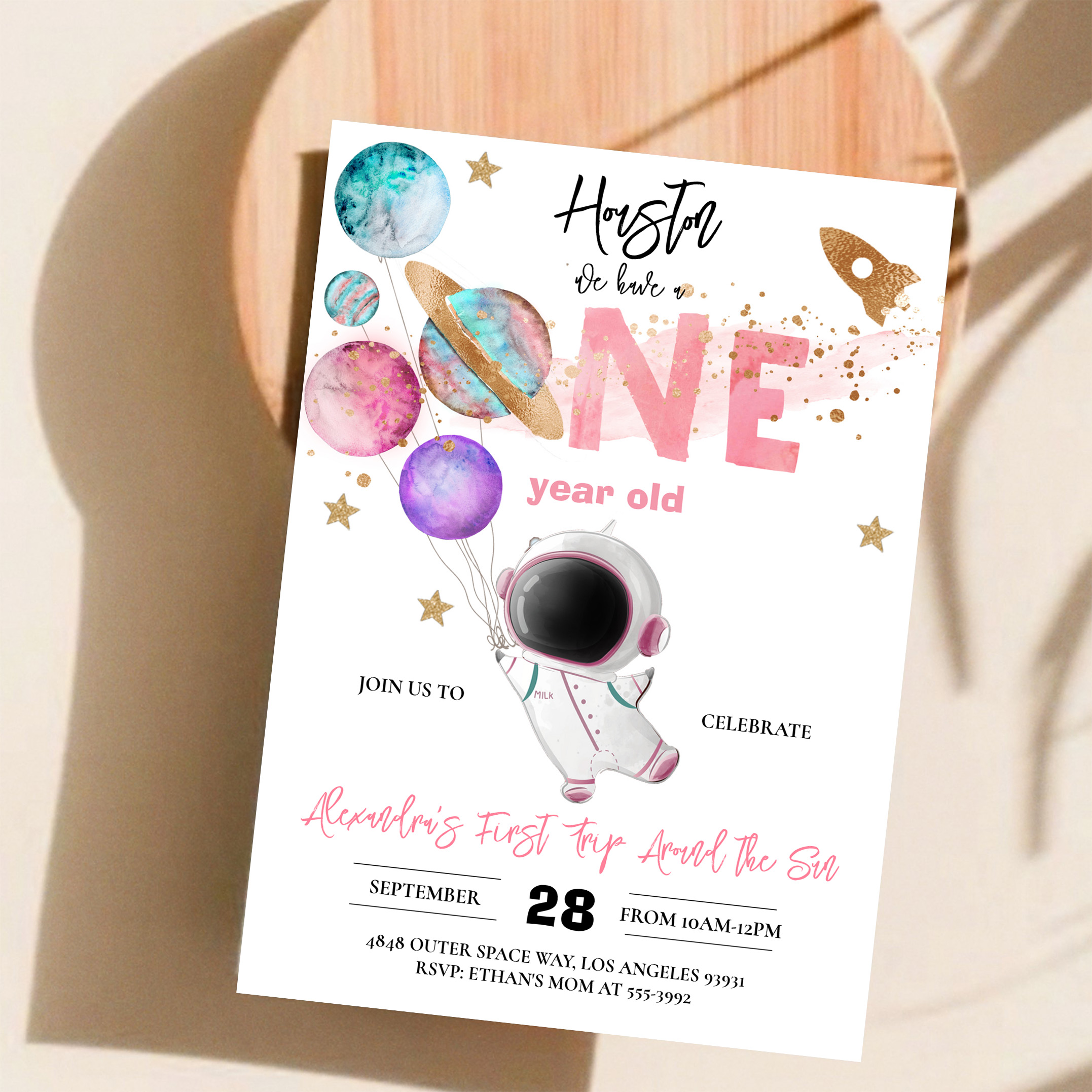 Houston We Have A One Year Old Pink Birthday Invitation - Image 11