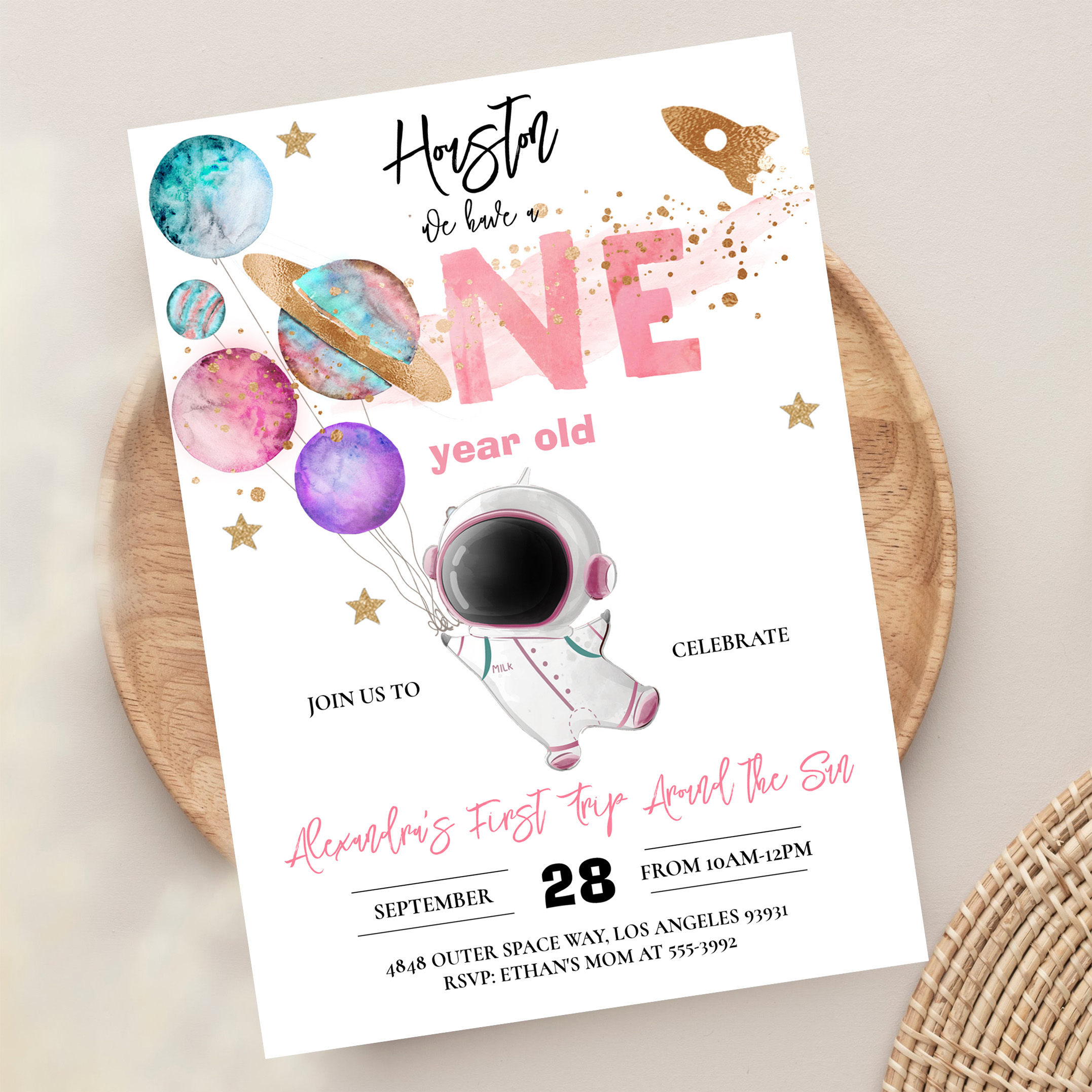 Houston We Have A One Year Old Pink Birthday Invitation - Image 13