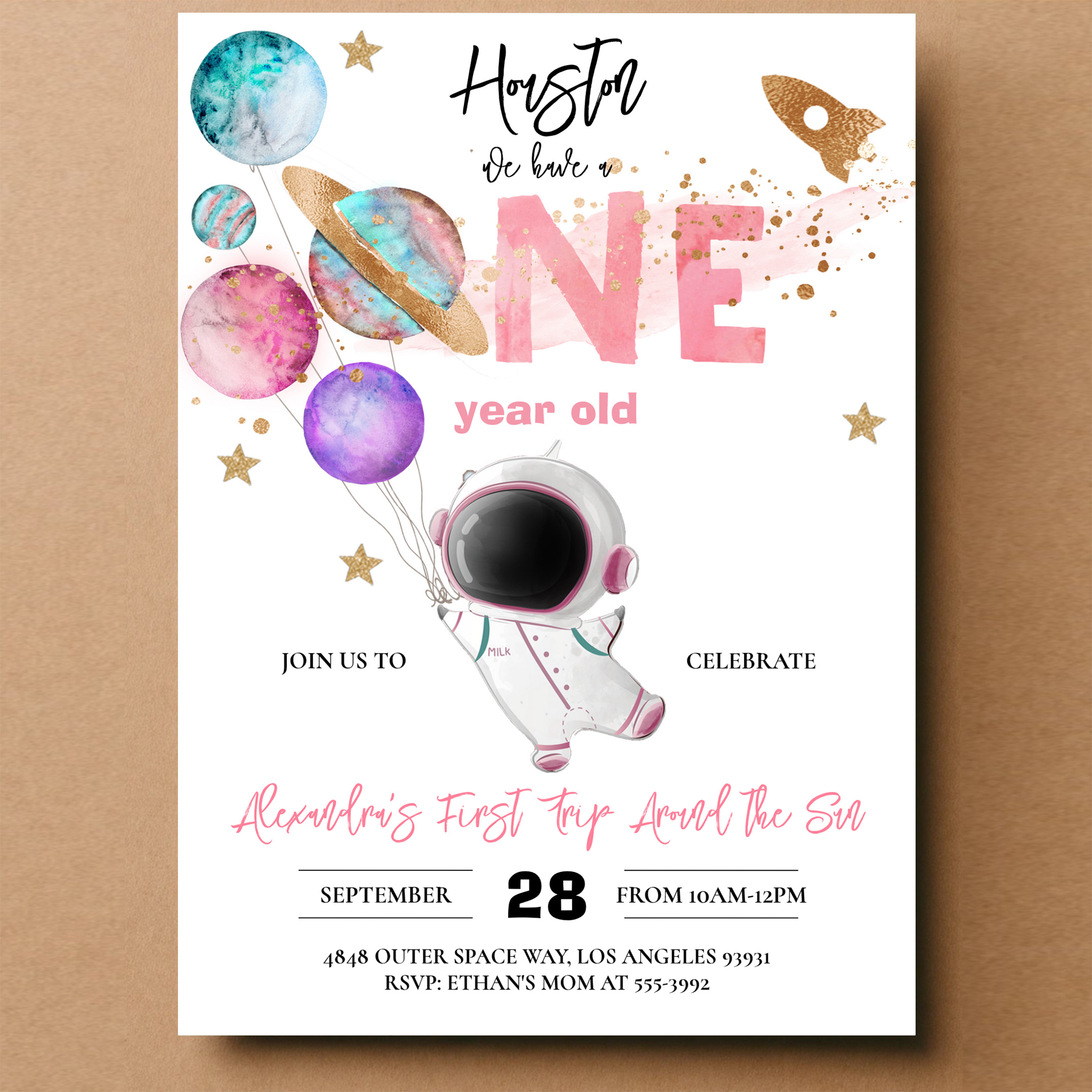 Houston We Have A One Year Old Pink Birthday Invitation - Image 14