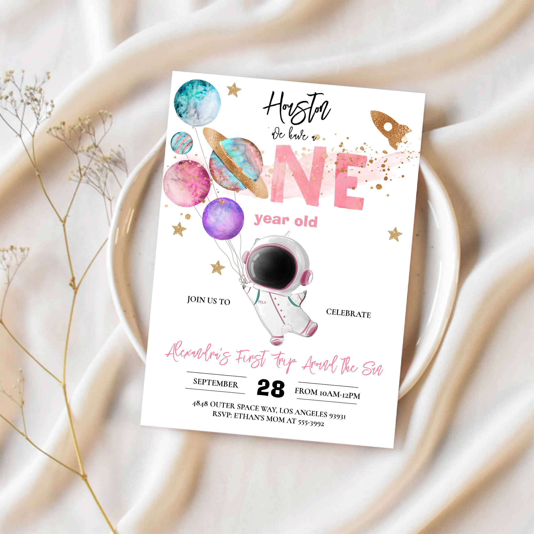 Houston We Have A One Year Old Pink Birthday Invitation - Image 2