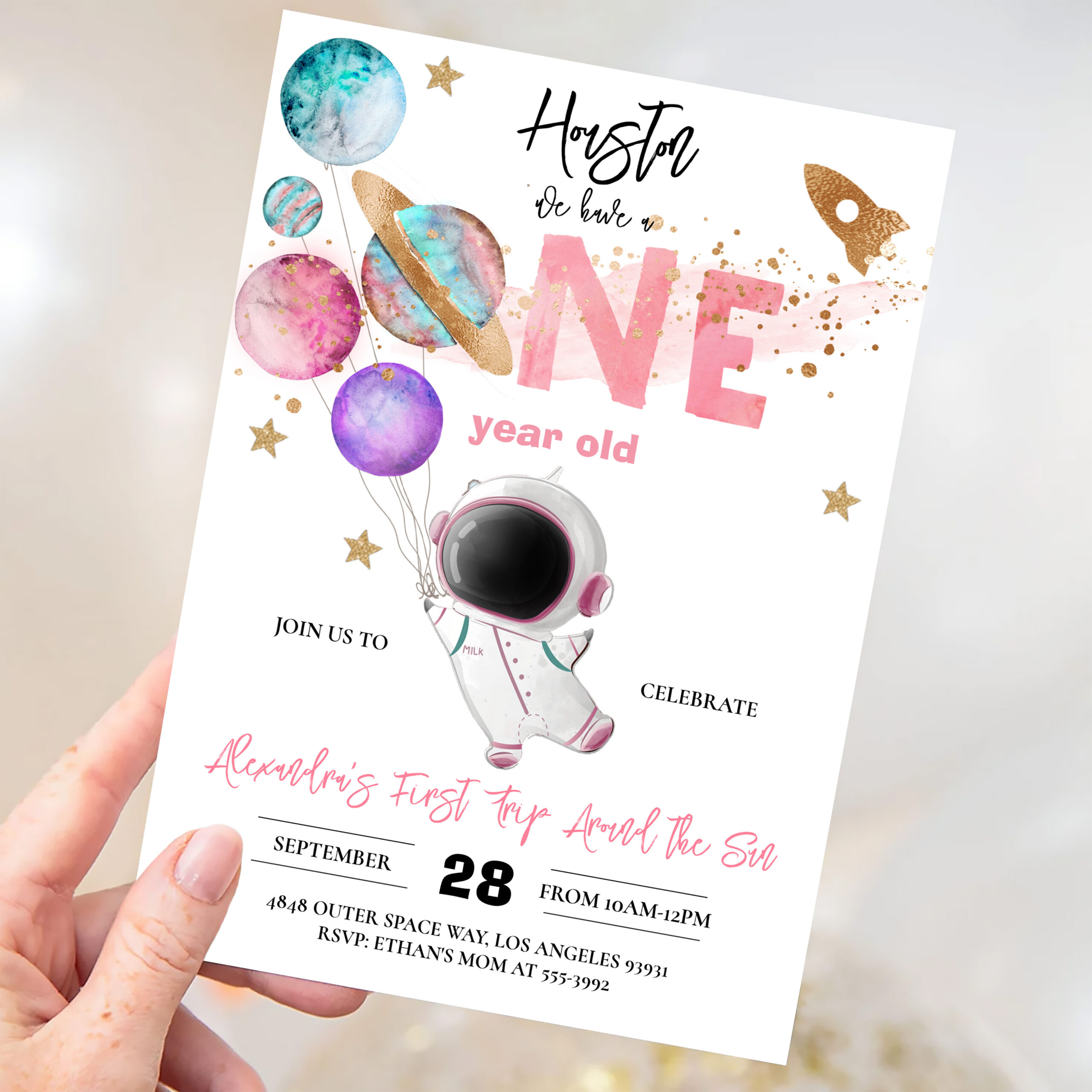 Houston We Have A One Year Old Pink Birthday Invitation - Image 3