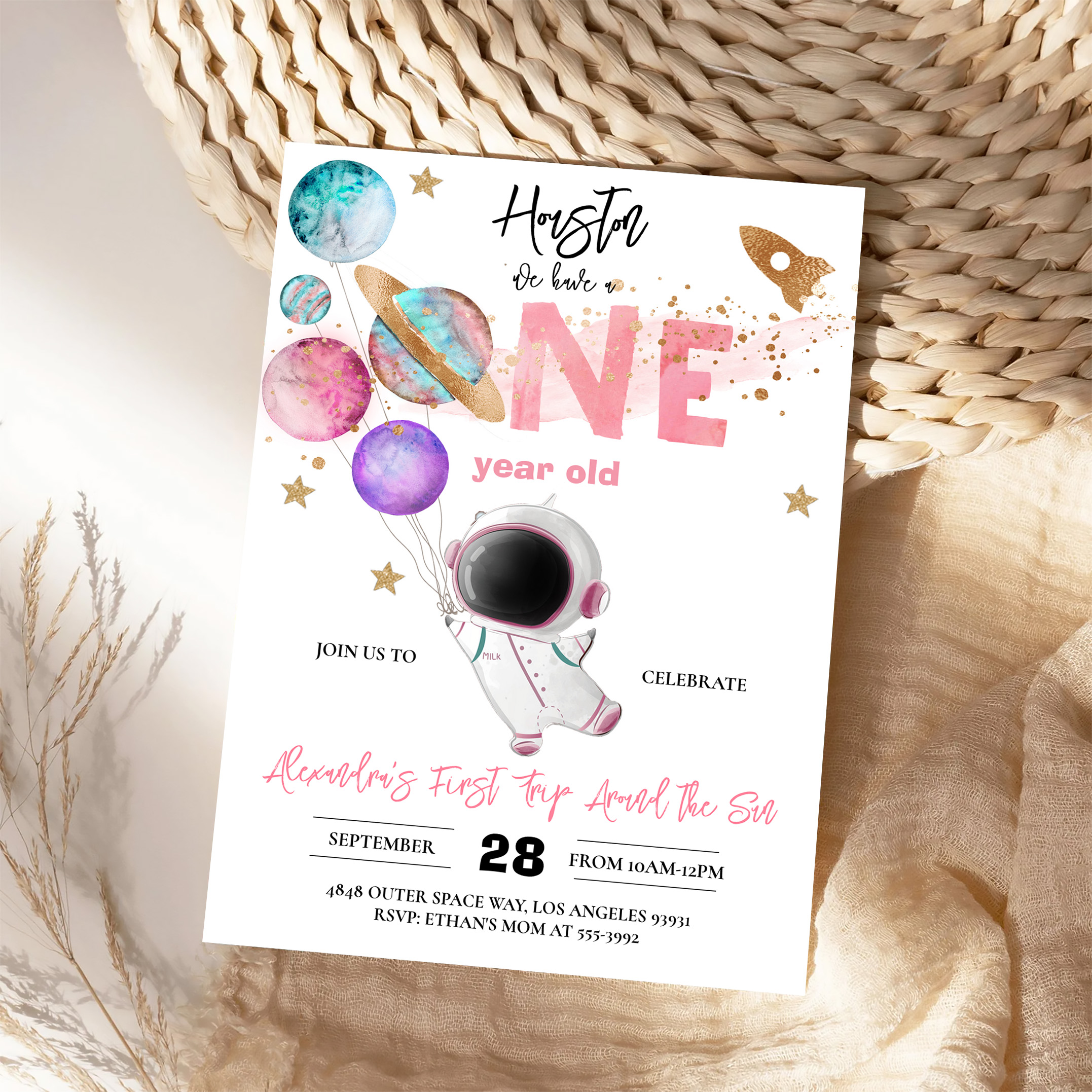 Houston We Have A One Year Old Pink Birthday Invitation - Image 4