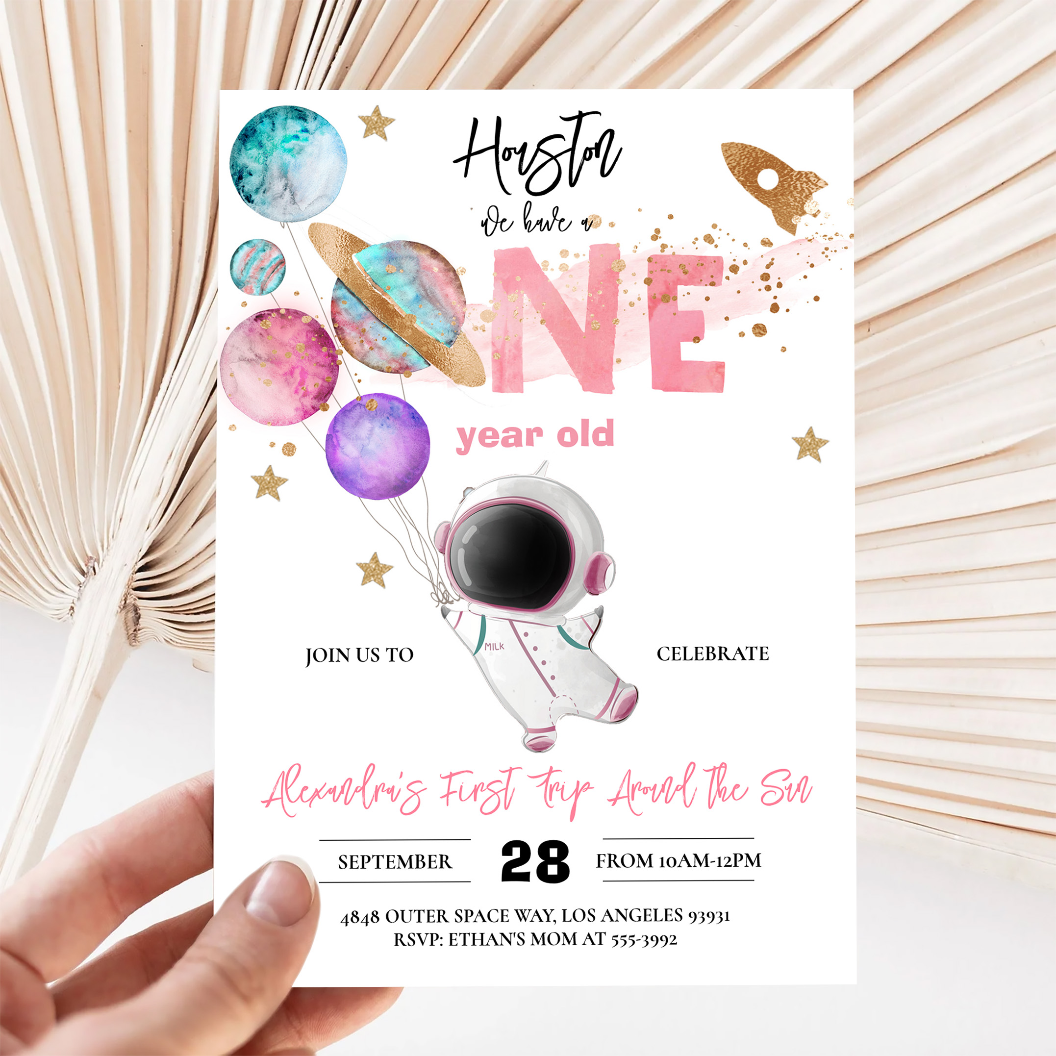 Houston We Have A One Year Old Pink Birthday Invitation - Image 5