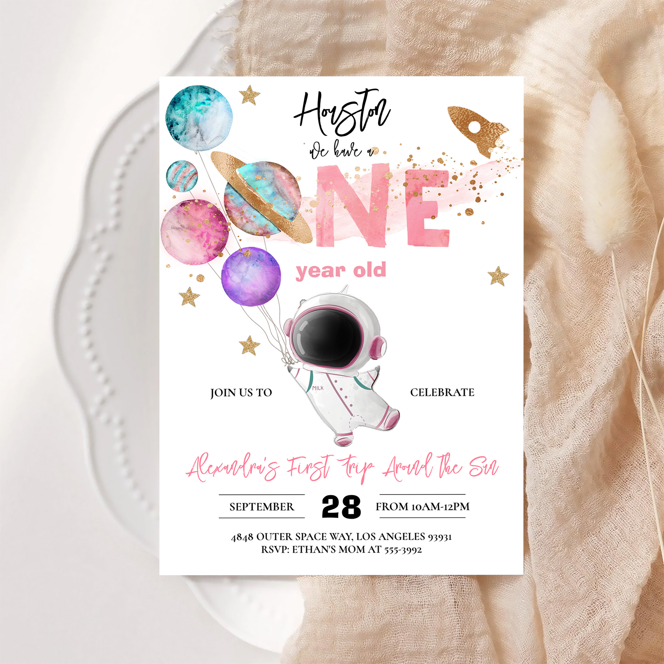 Houston We Have A One Year Old Pink Birthday Invitation - Image 6