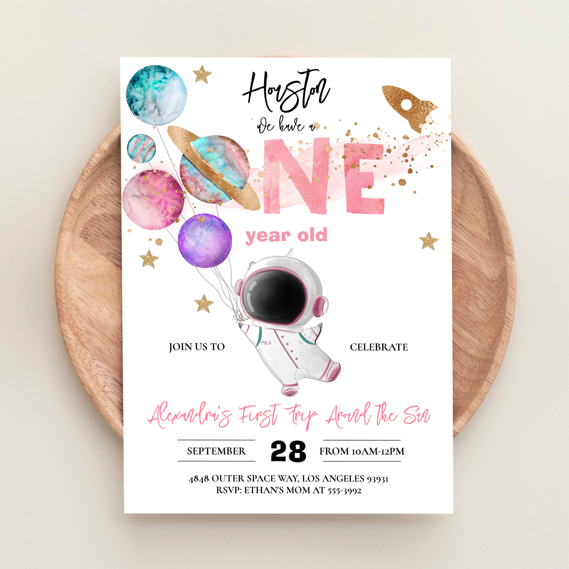 Houston We Have A One Year Old Pink Birthday Invitation - Image 7
