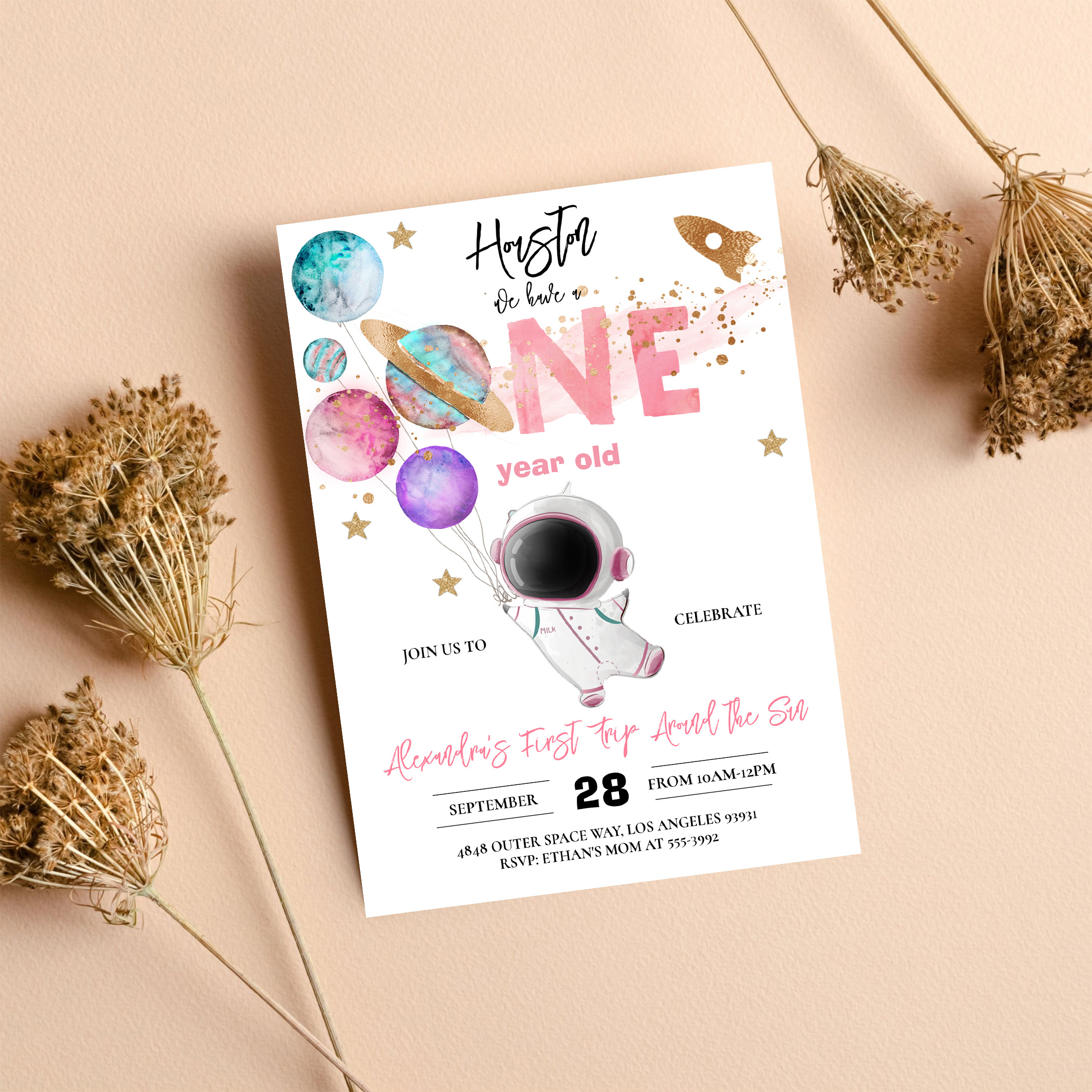 Houston We Have A One Year Old Pink Birthday Invitation - Image 8