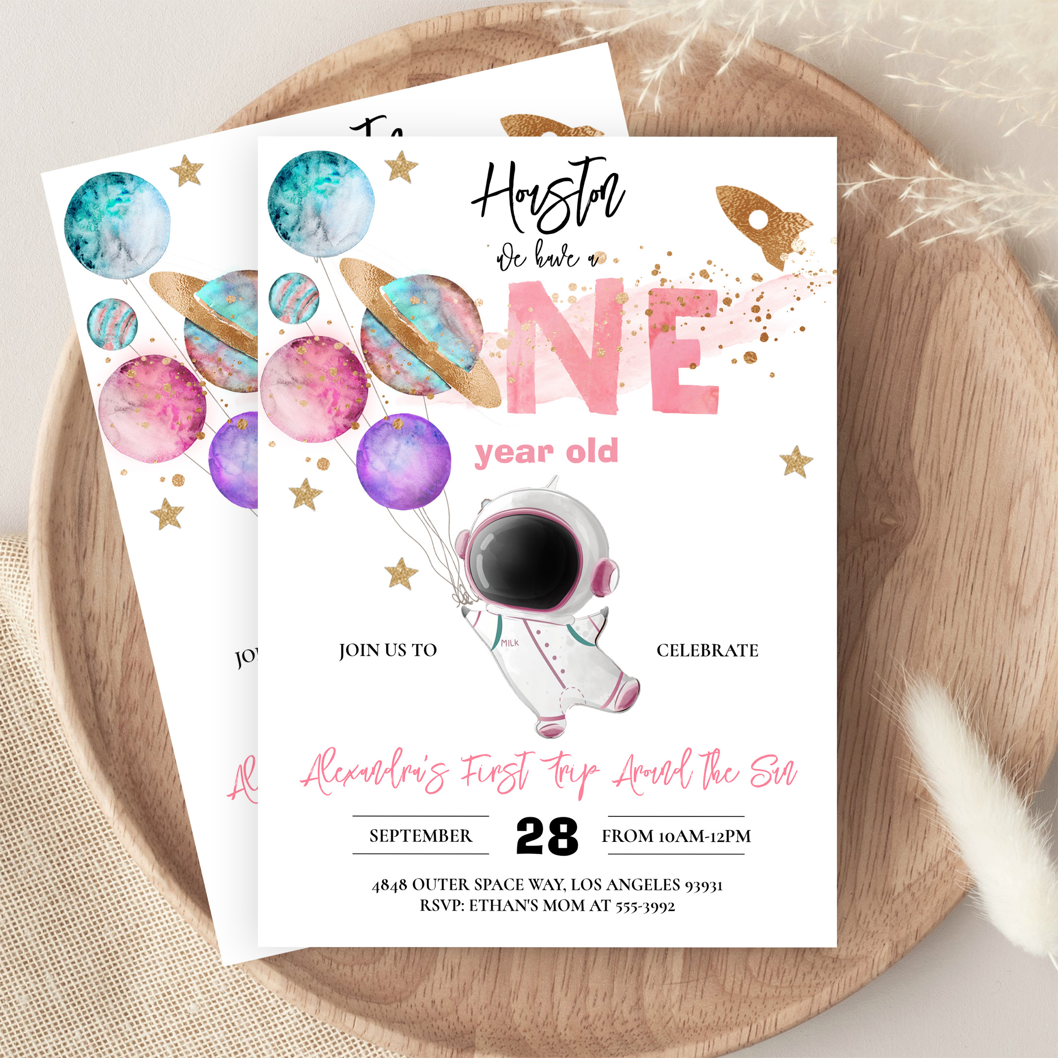 Houston We Have A One Year Old Pink Birthday Invitation - Image 9