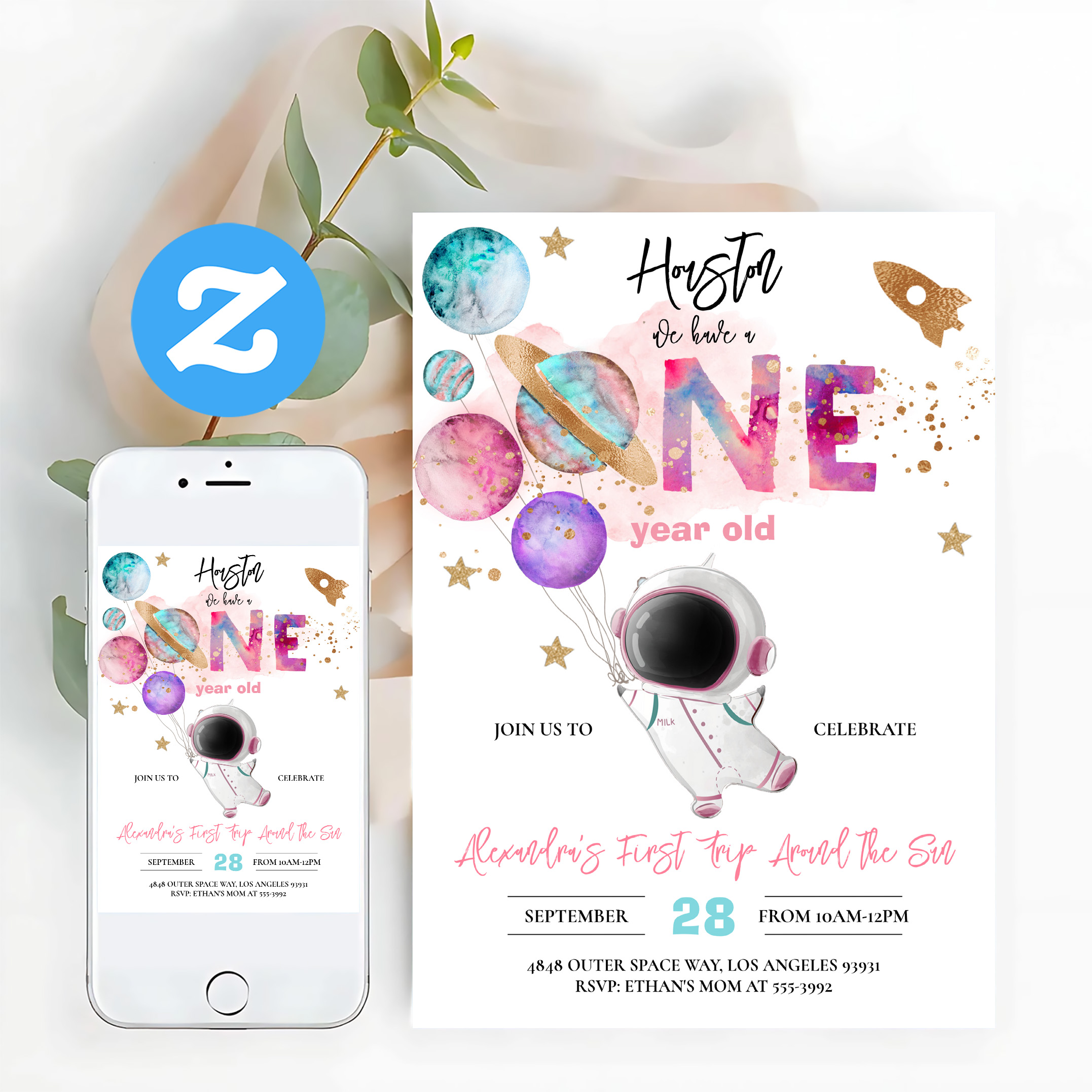 Houston We Have A One Year Old Pink Birthday Invitation - Image 12