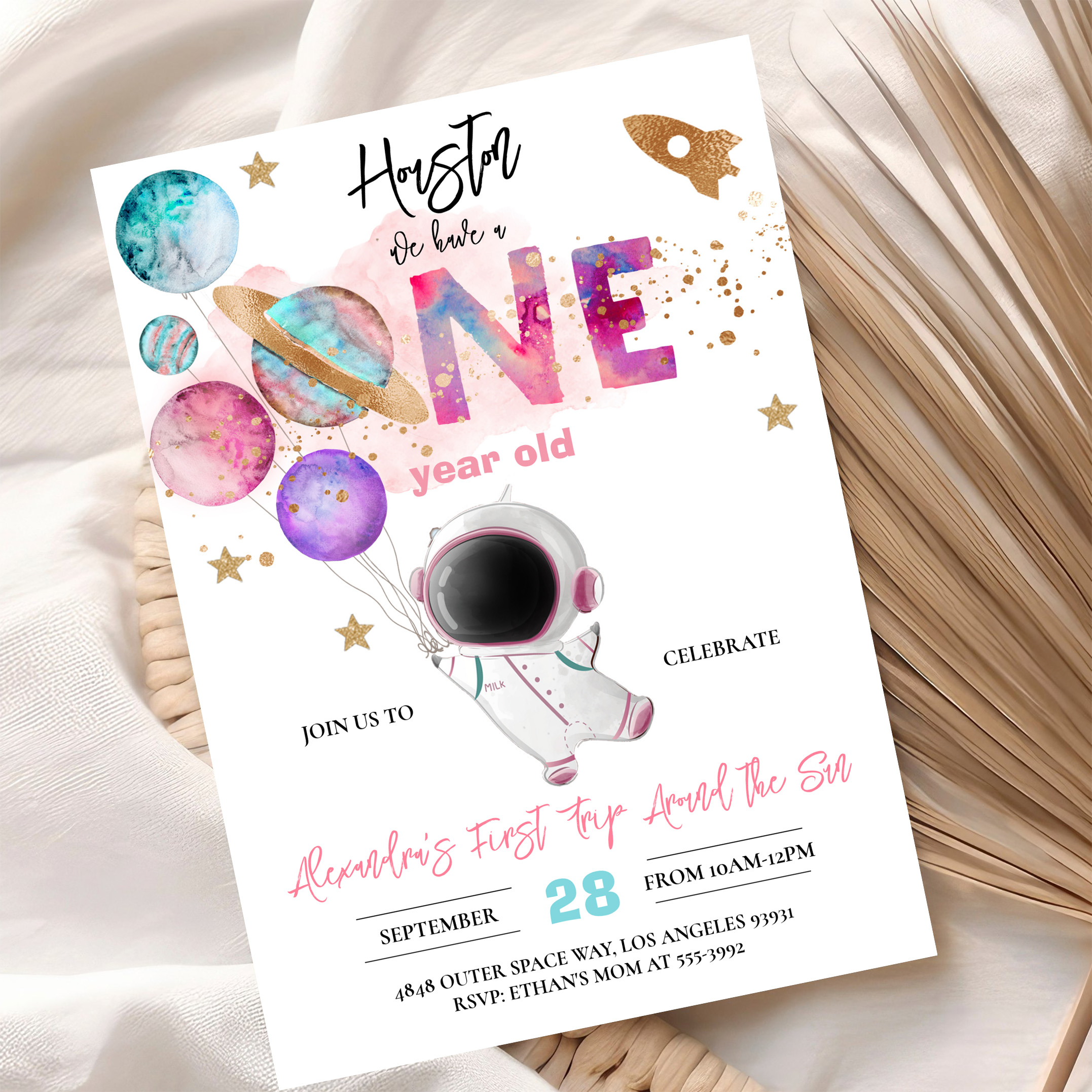 Houston We Have A One Year Old Pink Birthday Invitation - Image 10