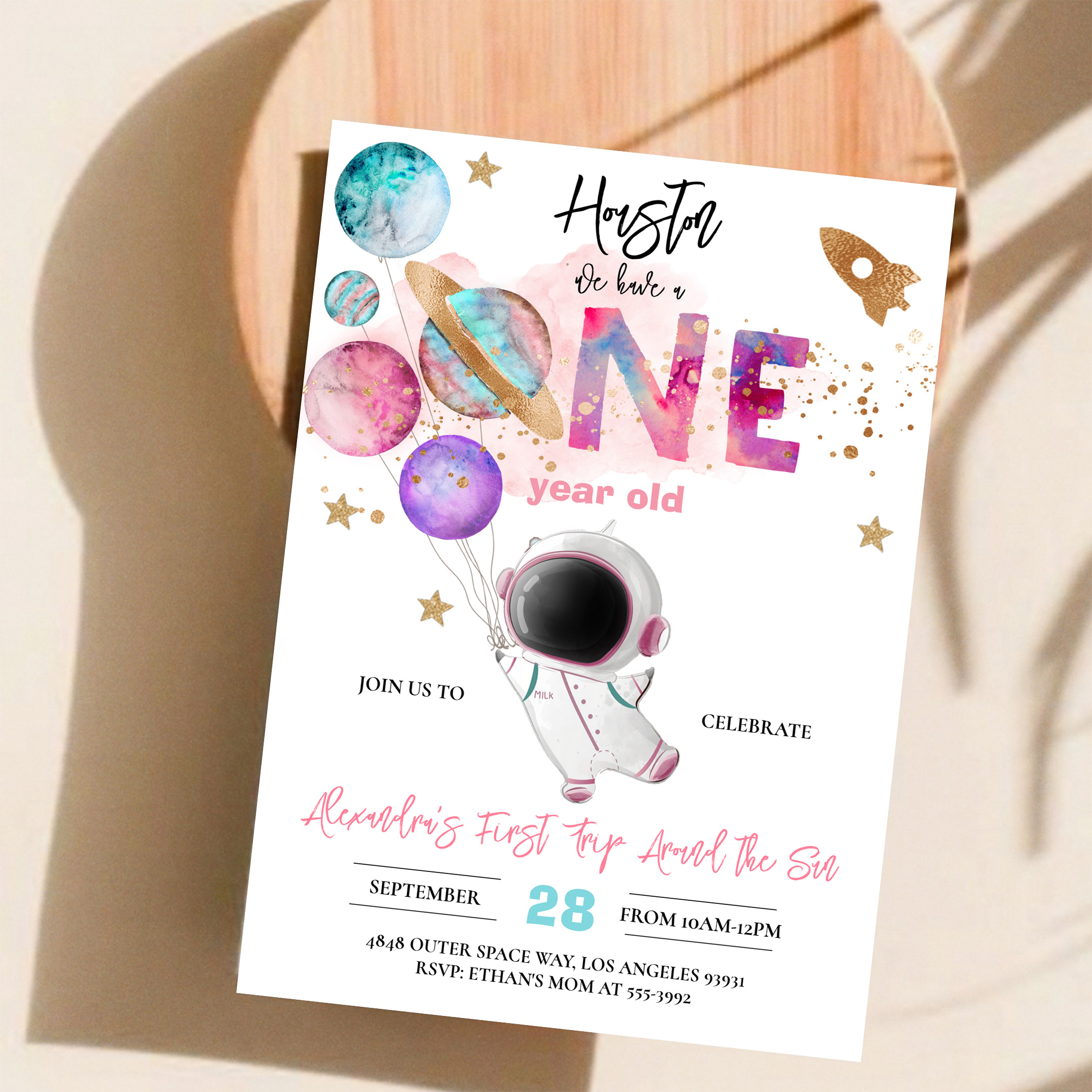 Houston We Have A One Year Old Pink Birthday Invitation - Image 11