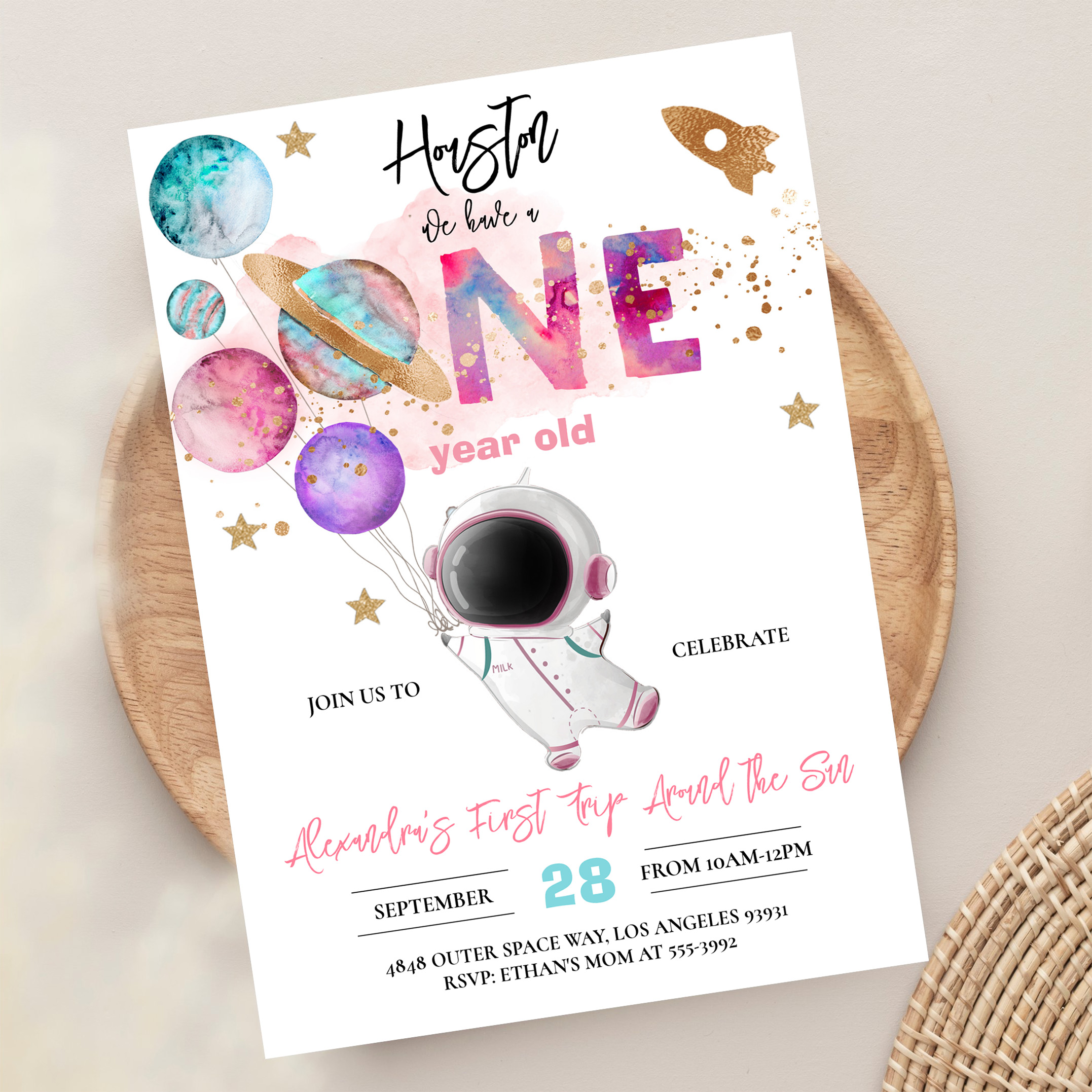 Houston We Have A One Year Old Pink Birthday Invitation - Image 13