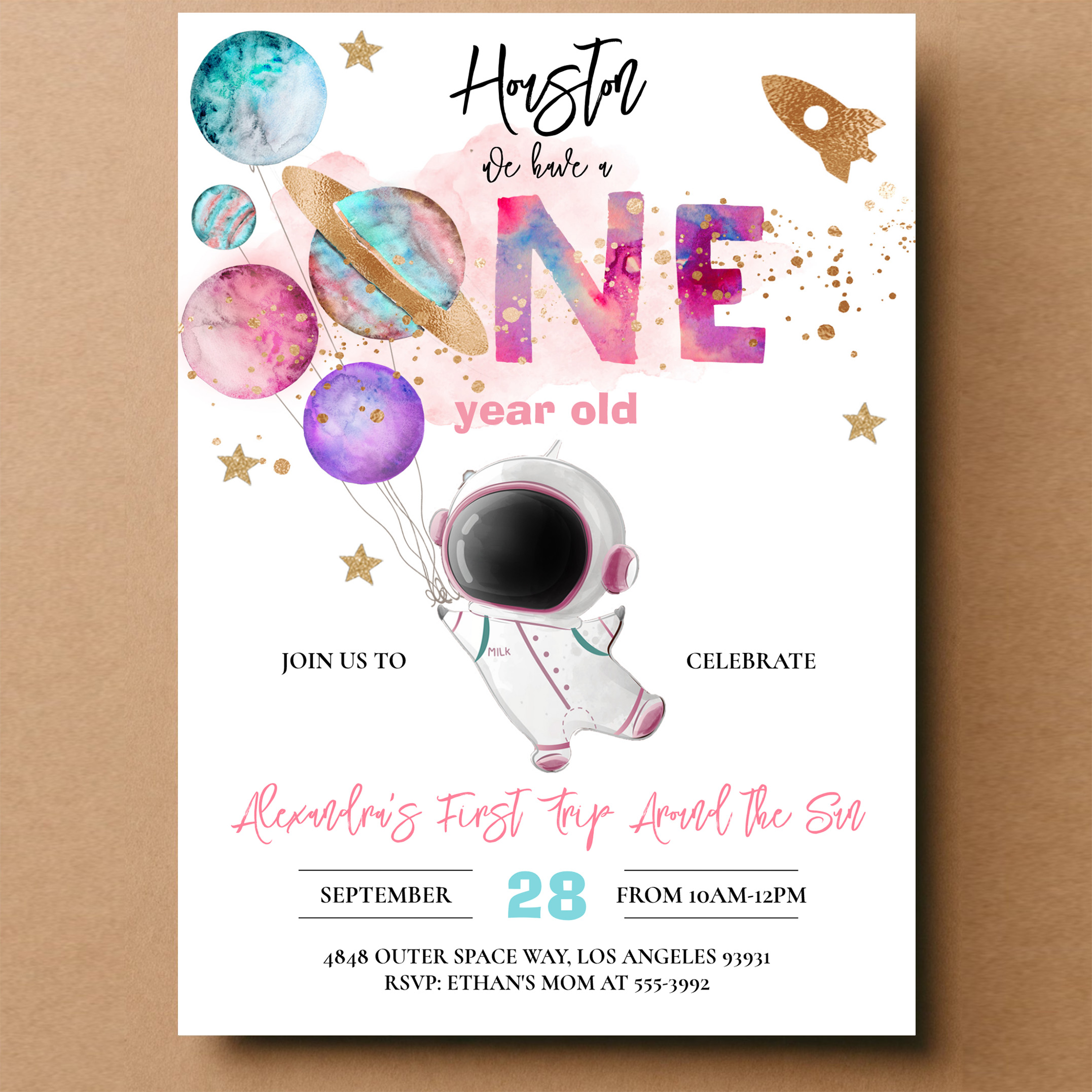 Houston We Have A One Year Old Pink Birthday Invitation - Image 14