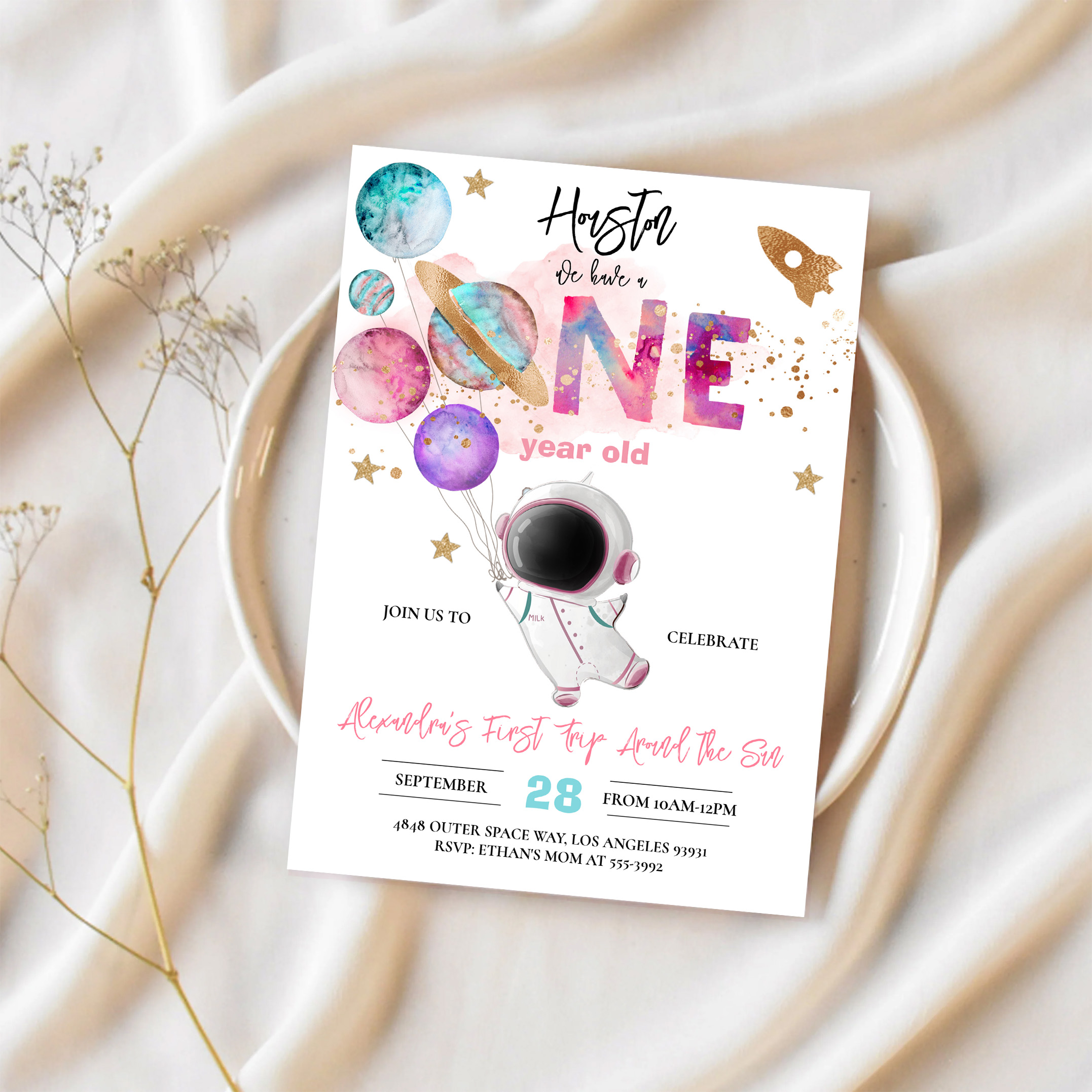 Houston We Have A One Year Old Pink Birthday Invitation - Image 2
