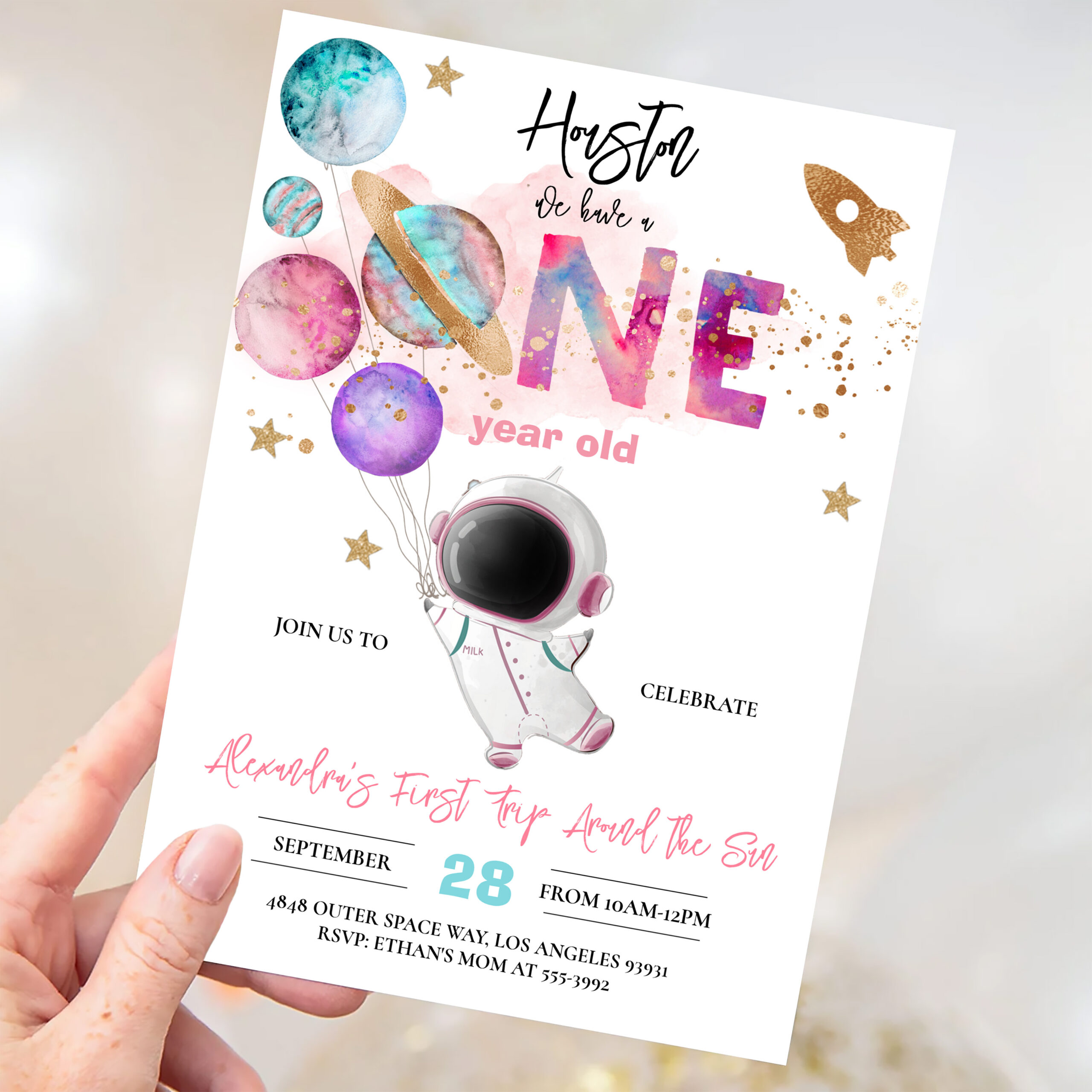 Houston We Have A One Year Old Pink Birthday Invitation - Image 3