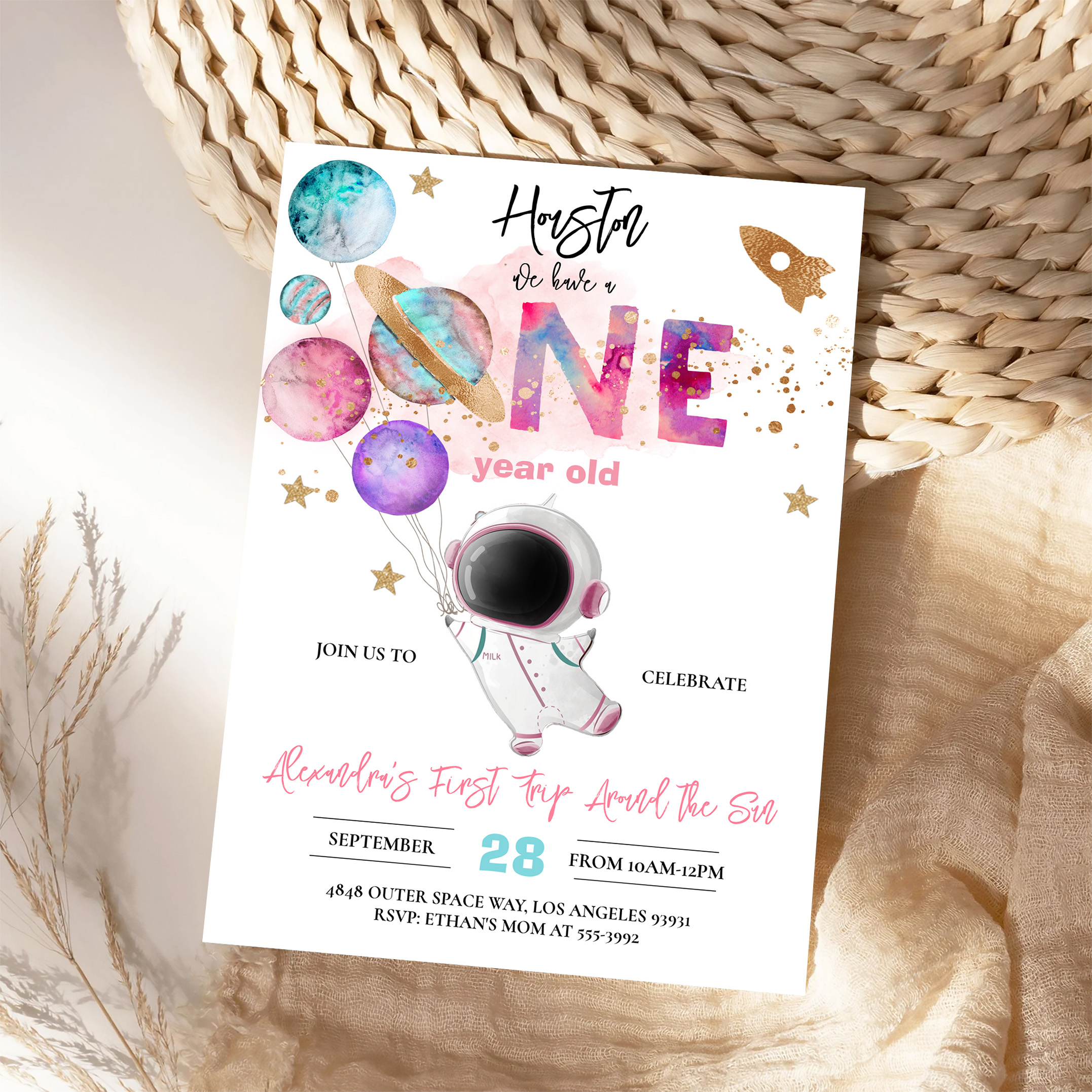 Houston We Have A One Year Old Pink Birthday Invitation - Image 4
