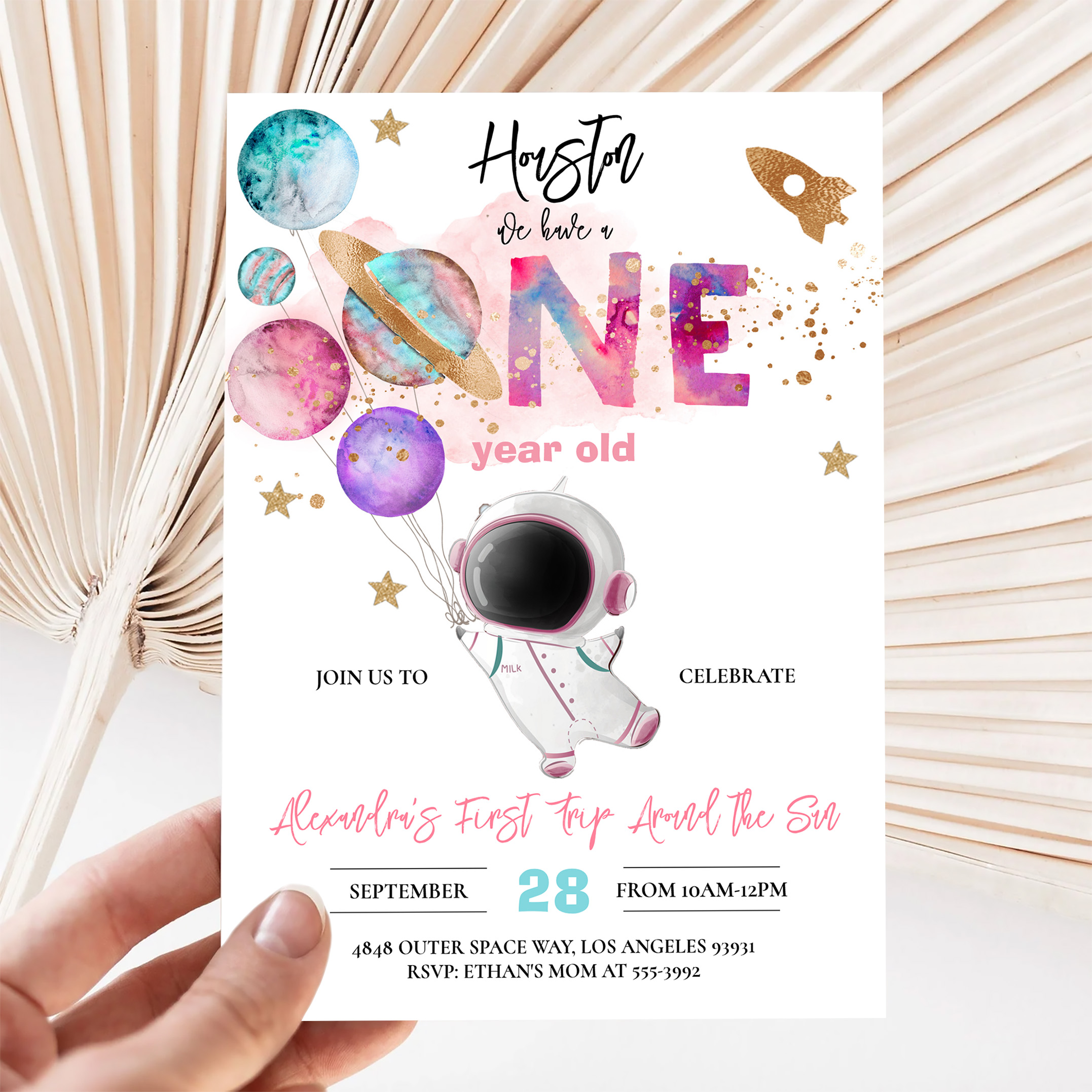 Houston We Have A One Year Old Pink Birthday Invitation - Image 5