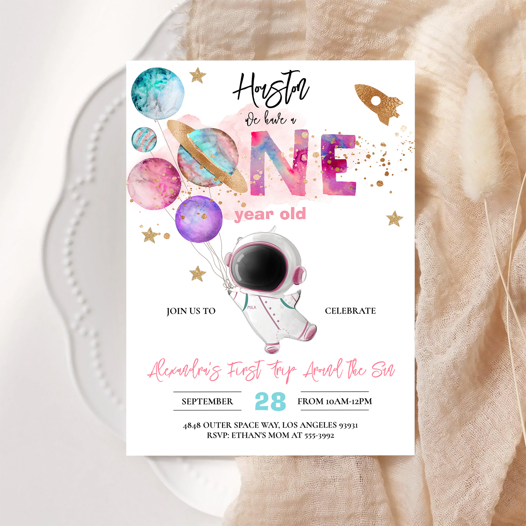 Houston We Have A One Year Old Pink Birthday Invitation - Image 6