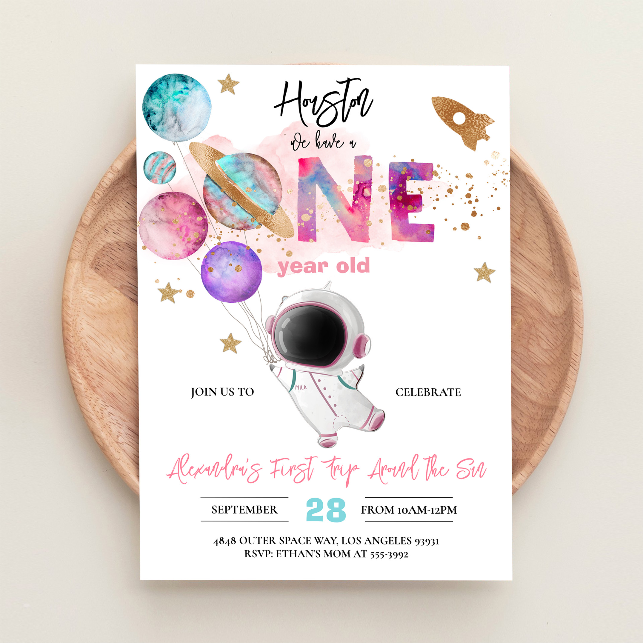 Houston We Have A One Year Old Pink Birthday Invitation - Image 7