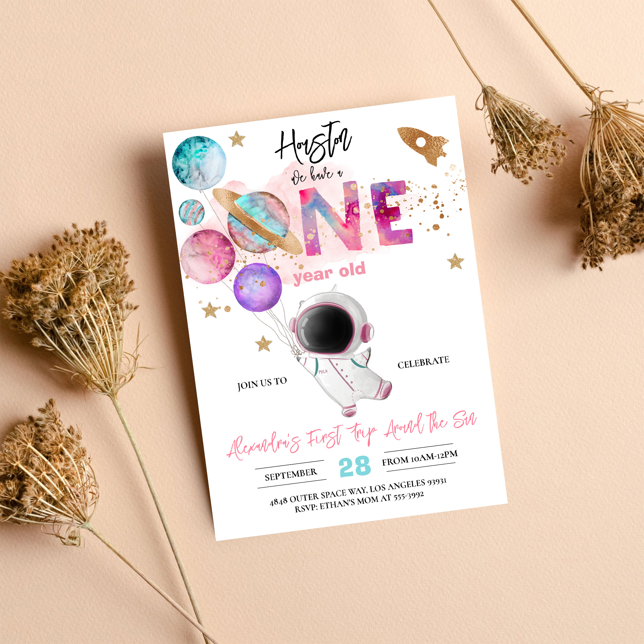 Houston We Have A One Year Old Pink Birthday Invitation - Image 8