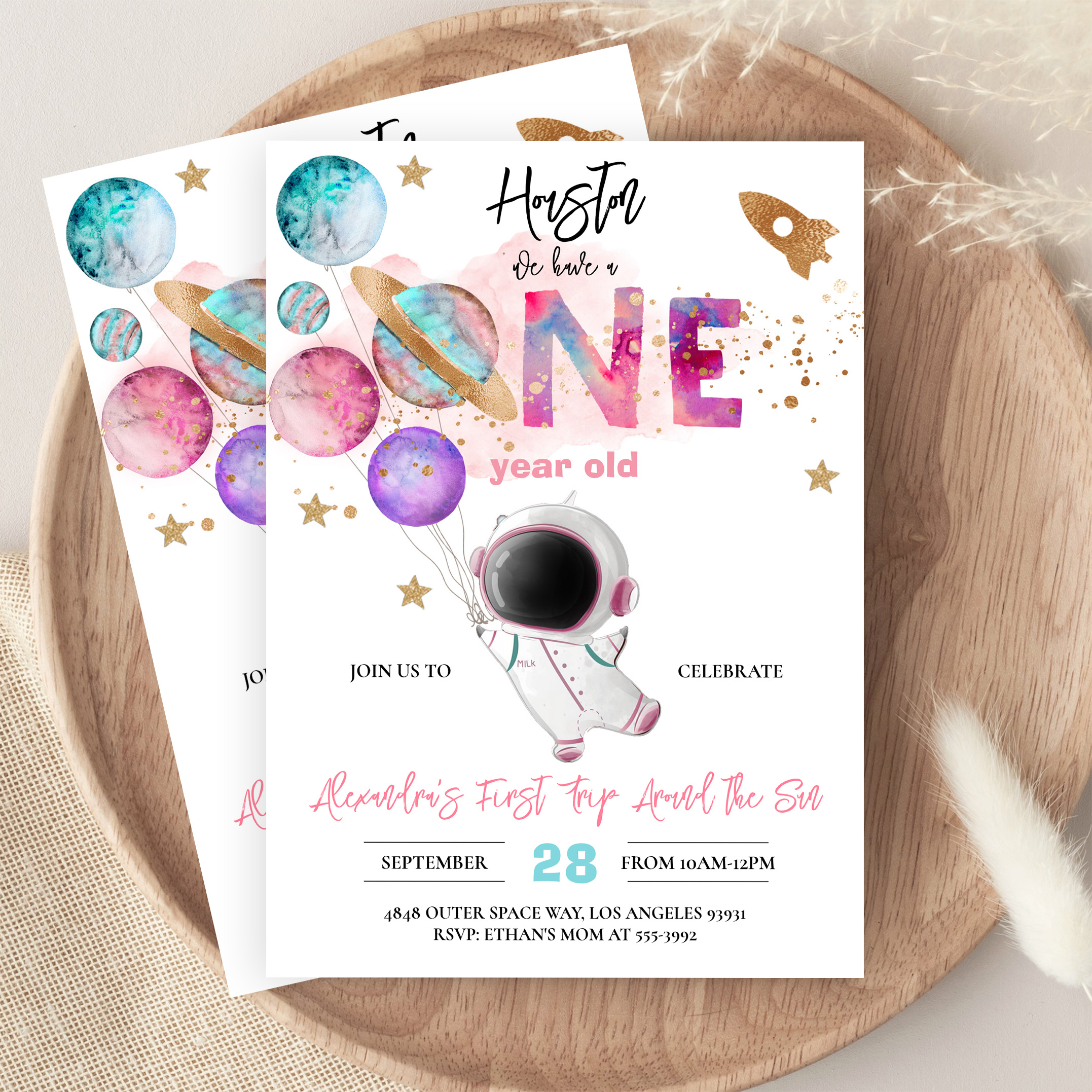 Houston We Have A One Year Old Pink Birthday Invitation - Image 9