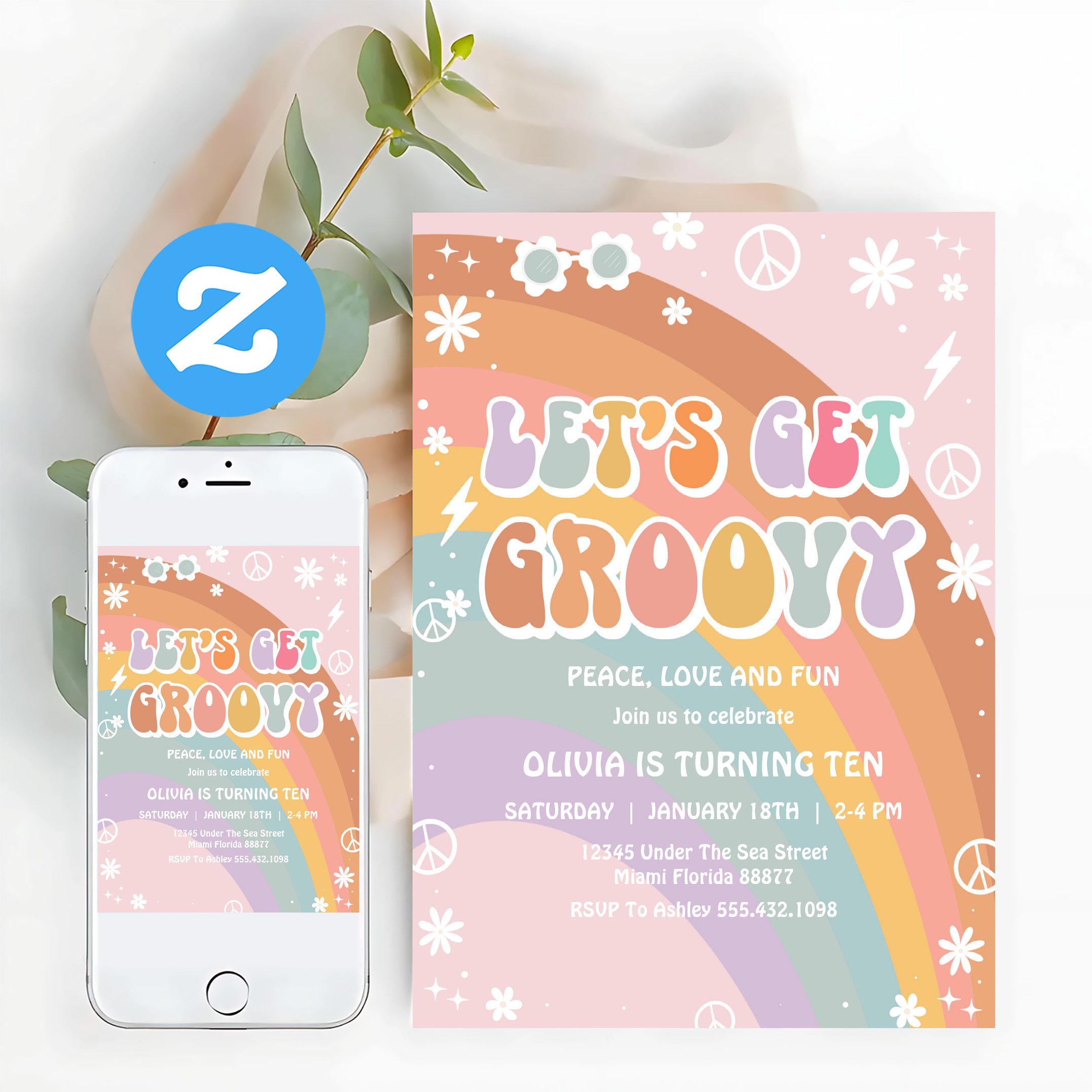 Lets Get Groovy Pink Daisy Rainbow Birthday Invitation - Image 12