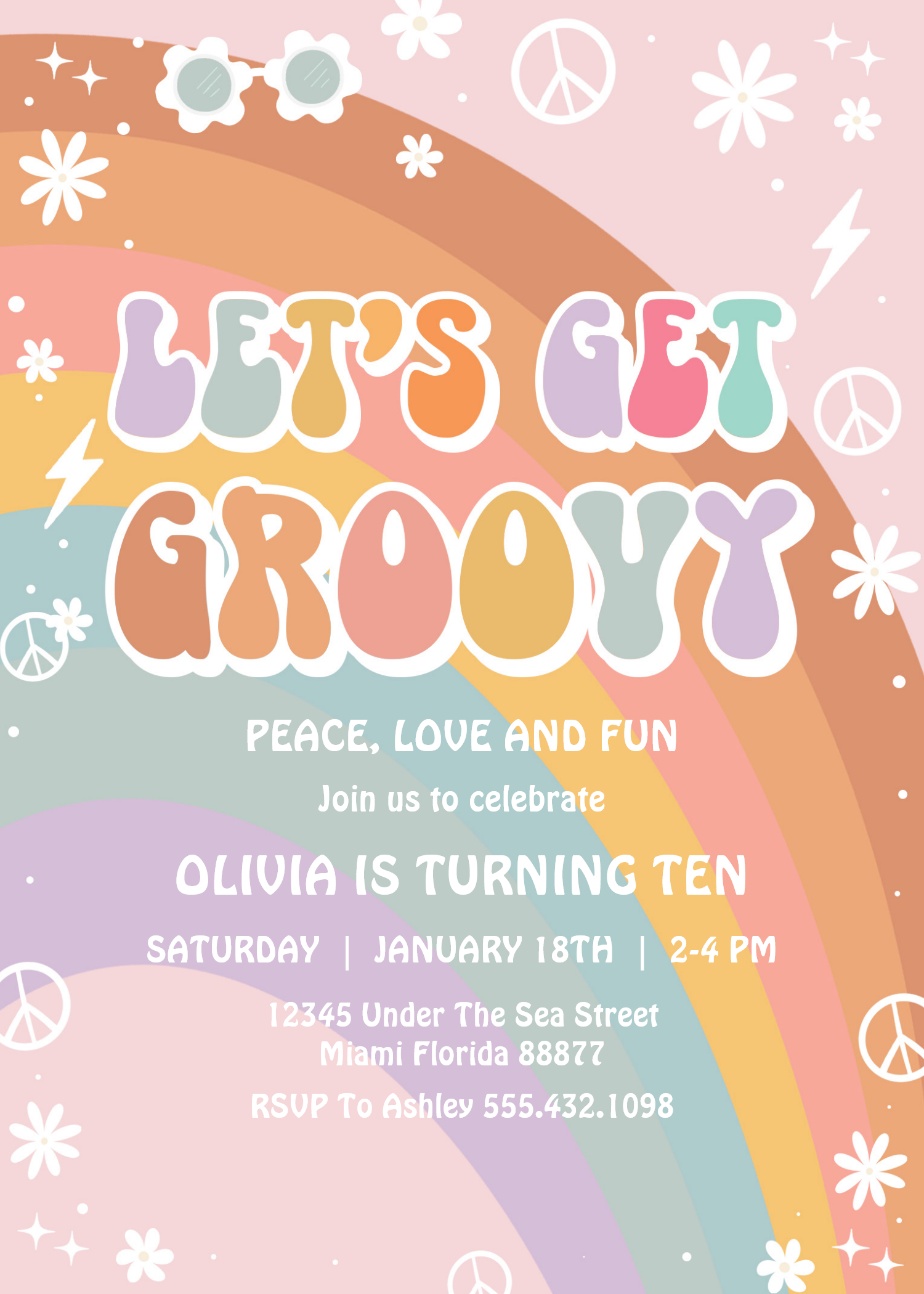 Lets Get Groovy Pink Daisy Rainbow Birthday Invitation