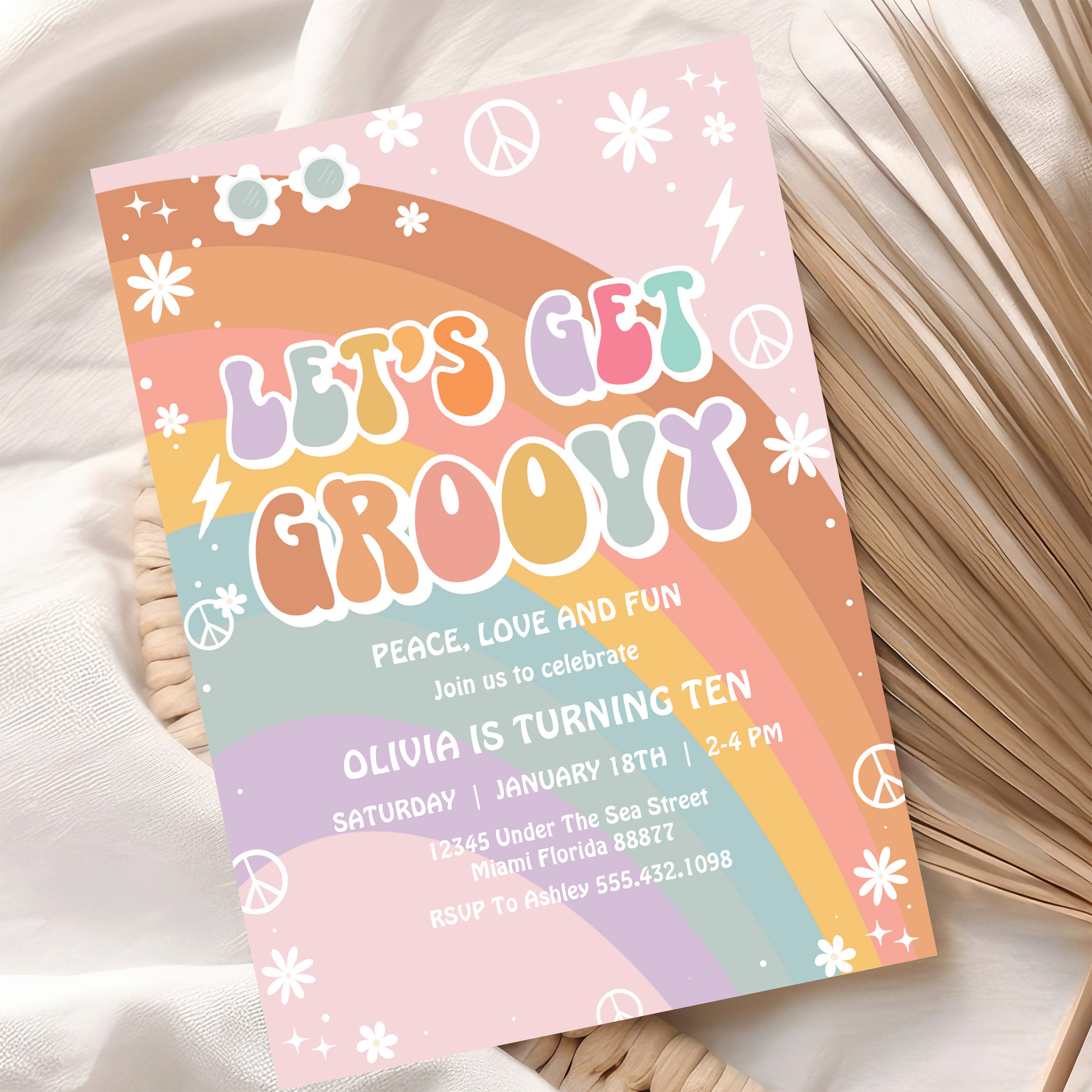 Lets Get Groovy Pink Daisy Rainbow Birthday Invitation - Image 10