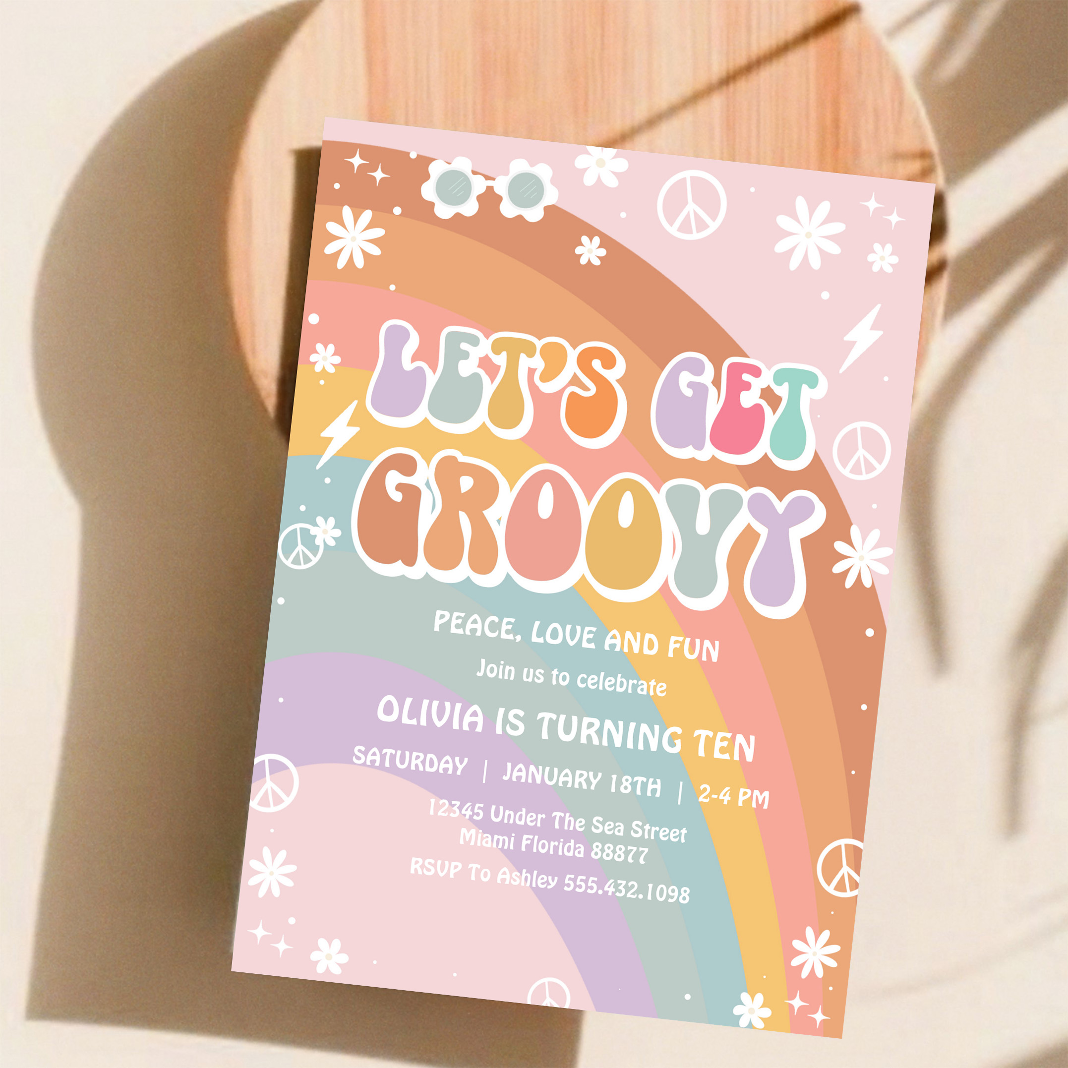 Lets Get Groovy Pink Daisy Rainbow Birthday Invitation - Image 11