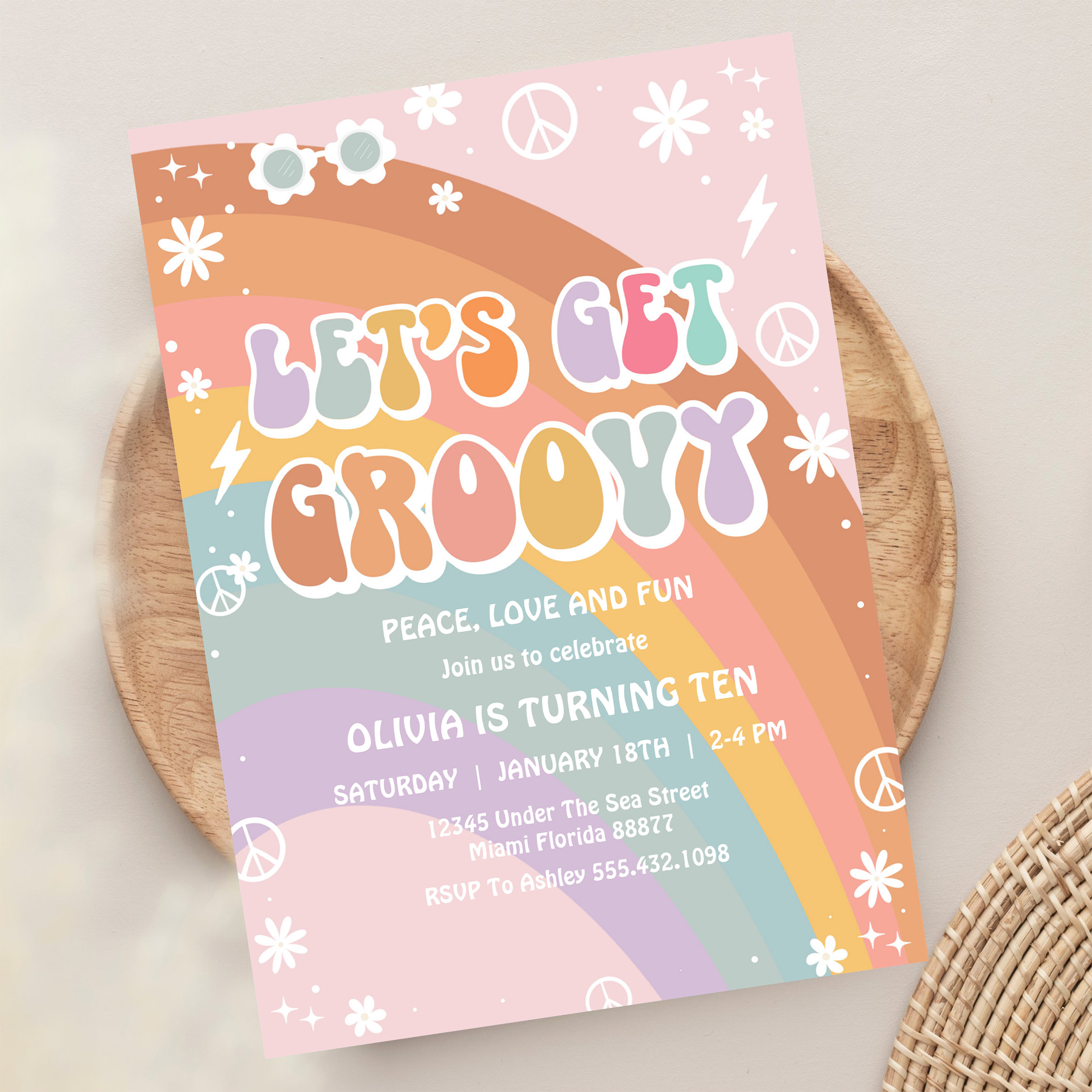 Lets Get Groovy Pink Daisy Rainbow Birthday Invitation - Image 13