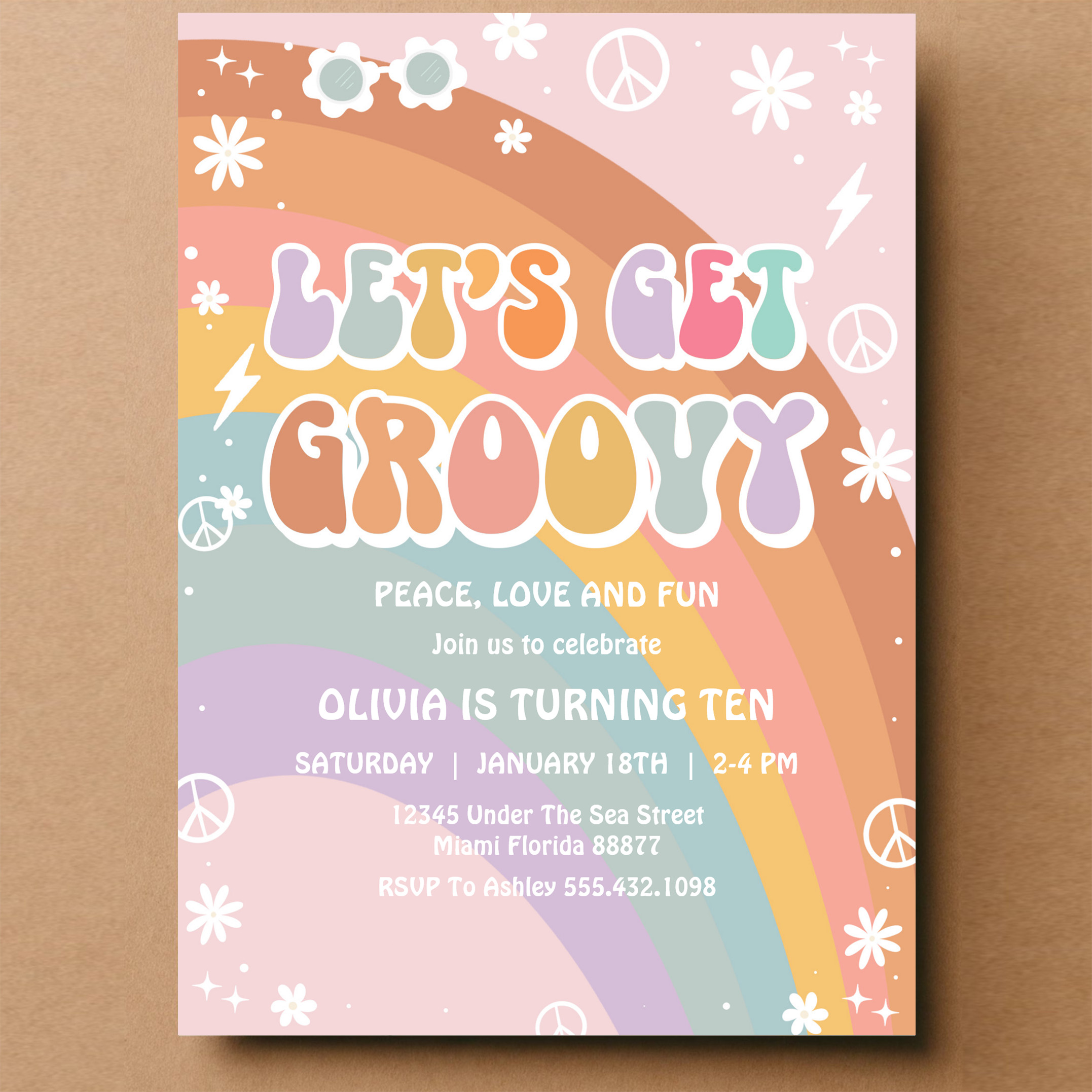 Lets Get Groovy Pink Daisy Rainbow Birthday Invitation - Image 14