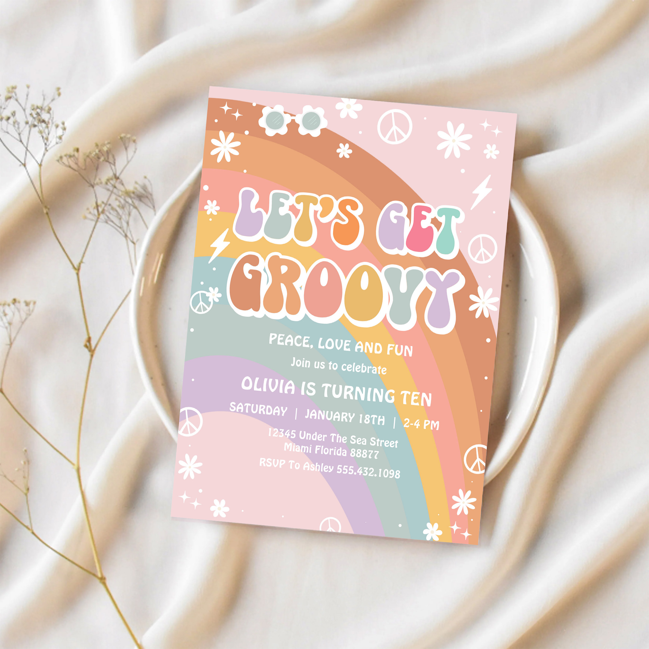 Lets Get Groovy Pink Daisy Rainbow Birthday Invitation - Image 2