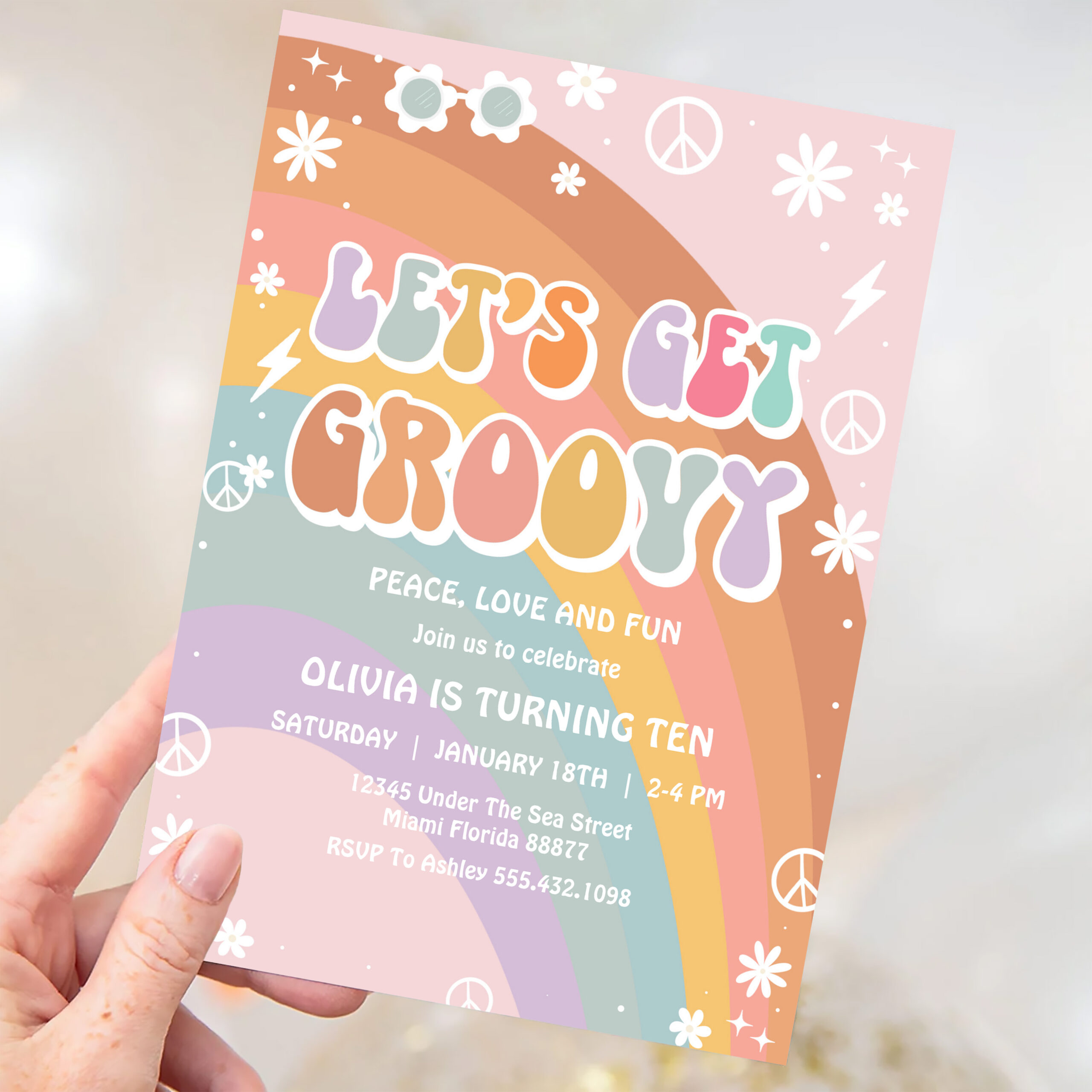 Lets Get Groovy Pink Daisy Rainbow Birthday Invitation - Image 3