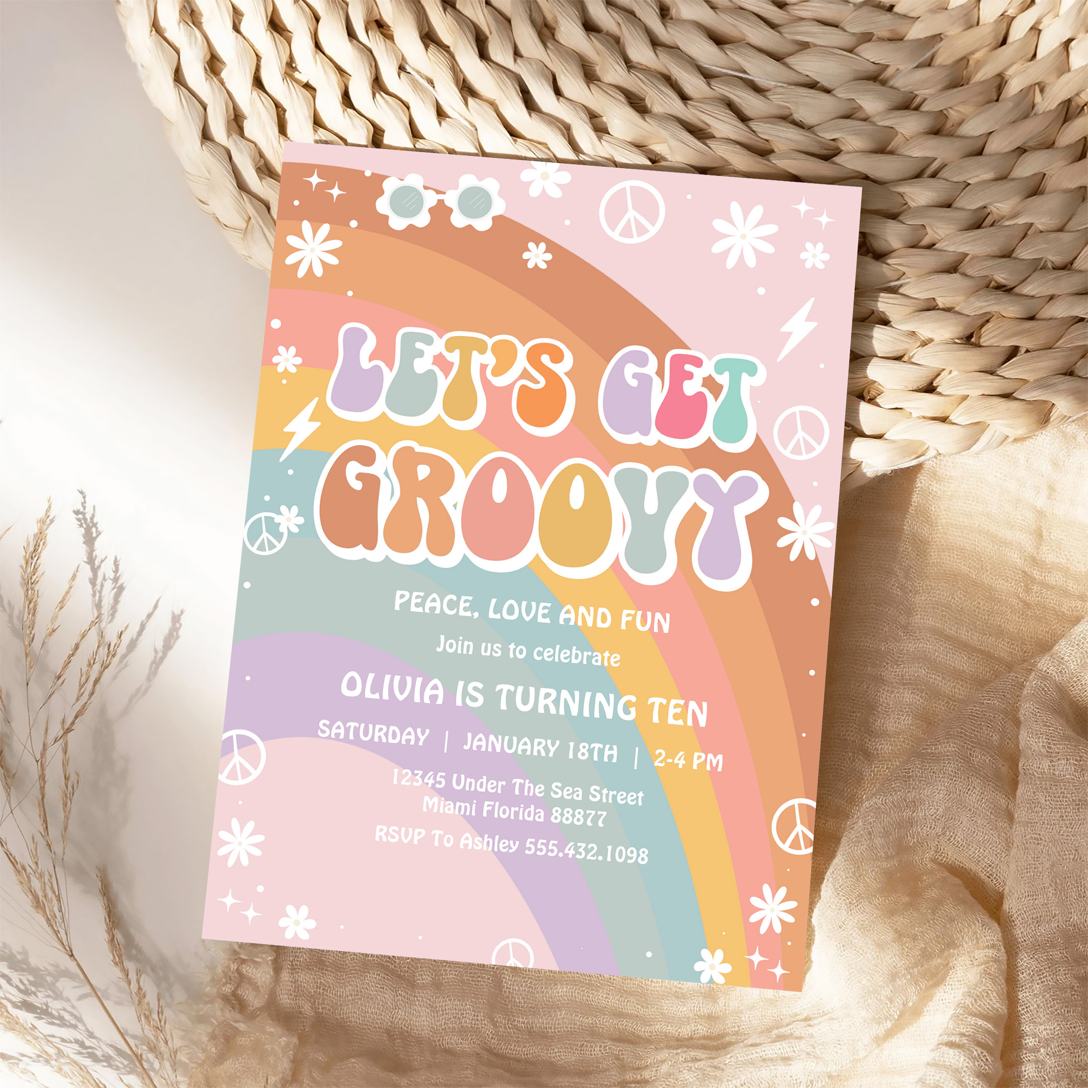 Lets Get Groovy Pink Daisy Rainbow Birthday Invitation - Image 4