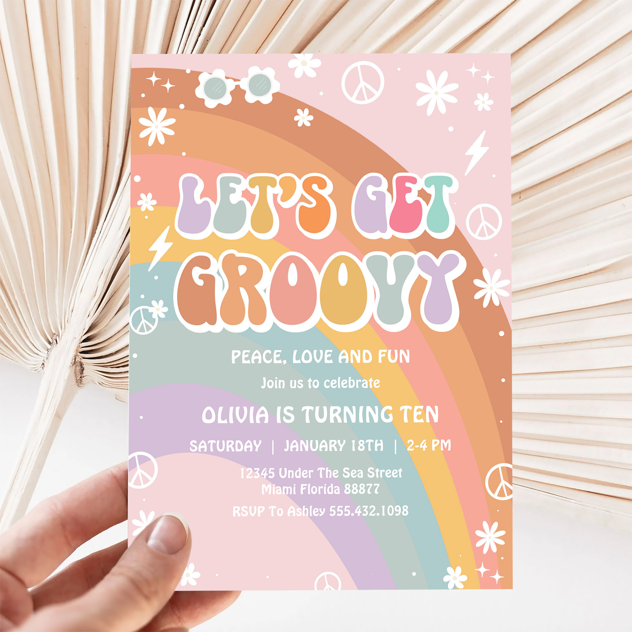 Lets Get Groovy Pink Daisy Rainbow Birthday Invitation - Image 5