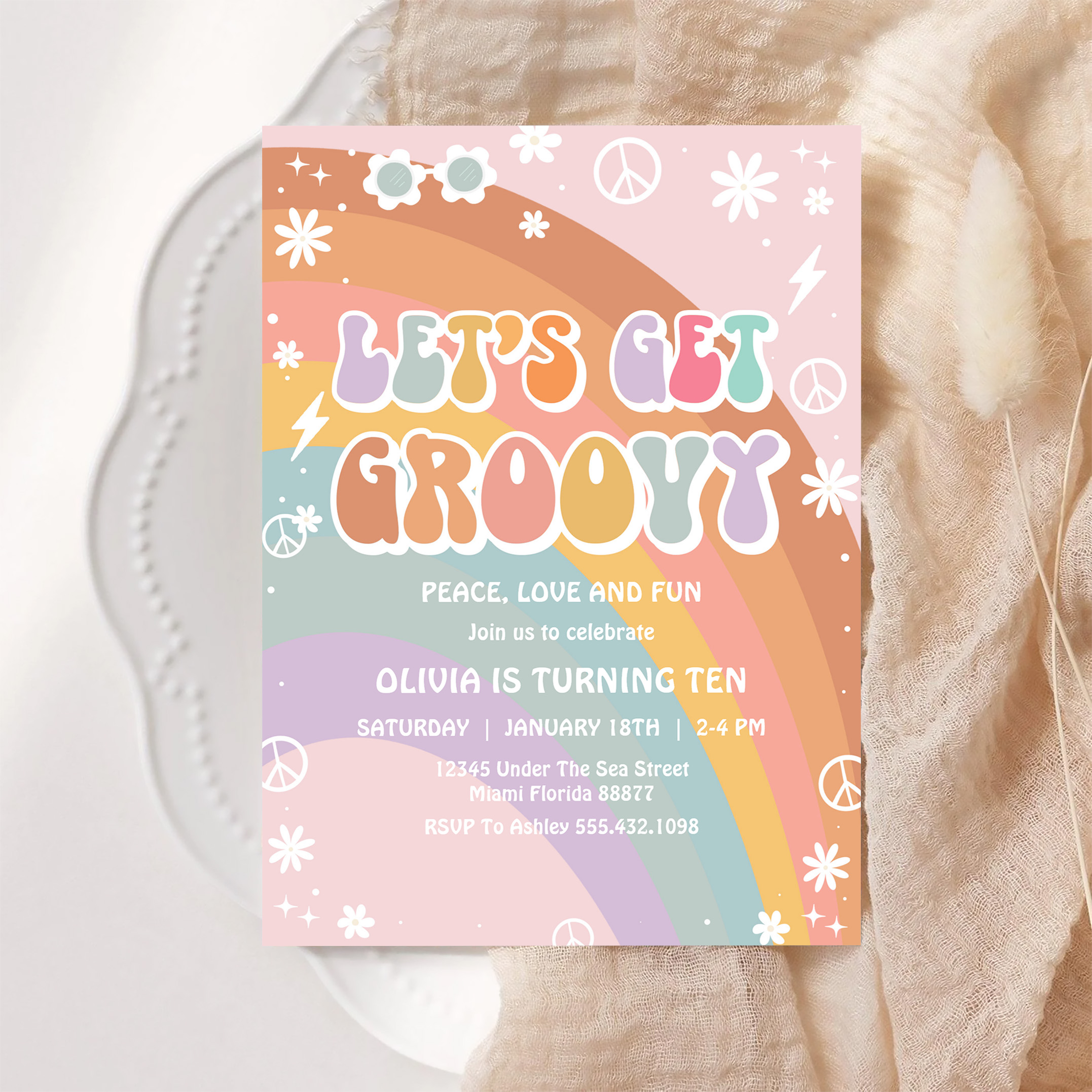 Lets Get Groovy Pink Daisy Rainbow Birthday Invitation - Image 6