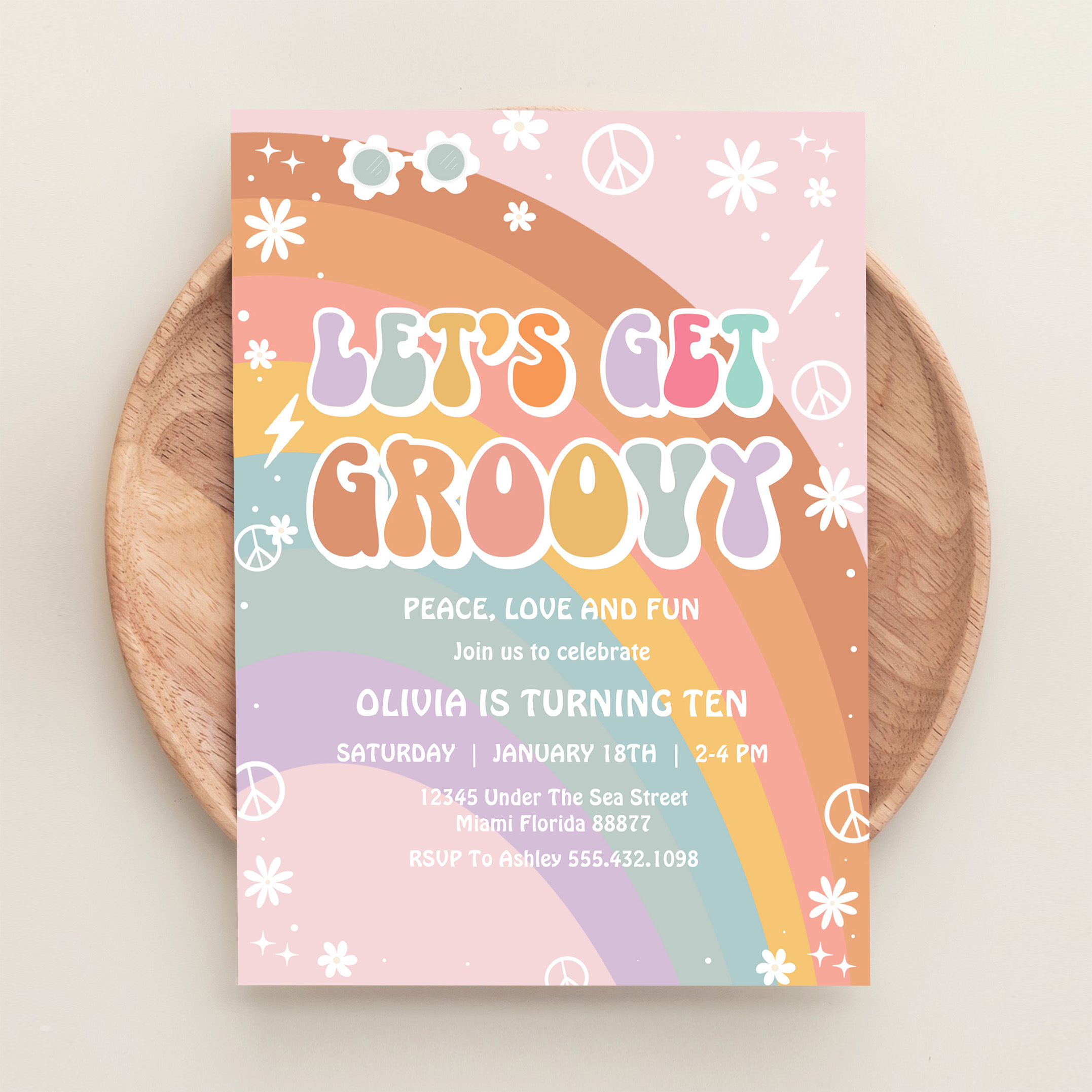 Lets Get Groovy Pink Daisy Rainbow Birthday Invitation - Image 7